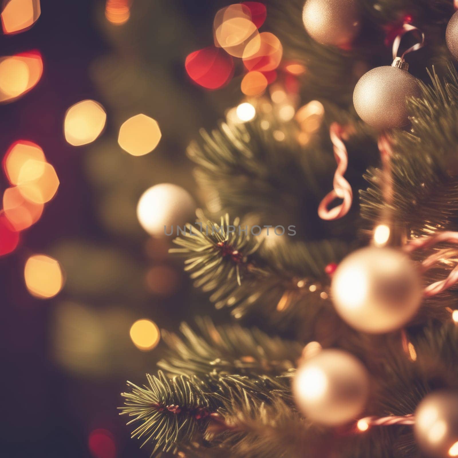 Close-UP of Christmas Tree, Gold Ornaments against a Defocused Lights Background by shaadjutt36