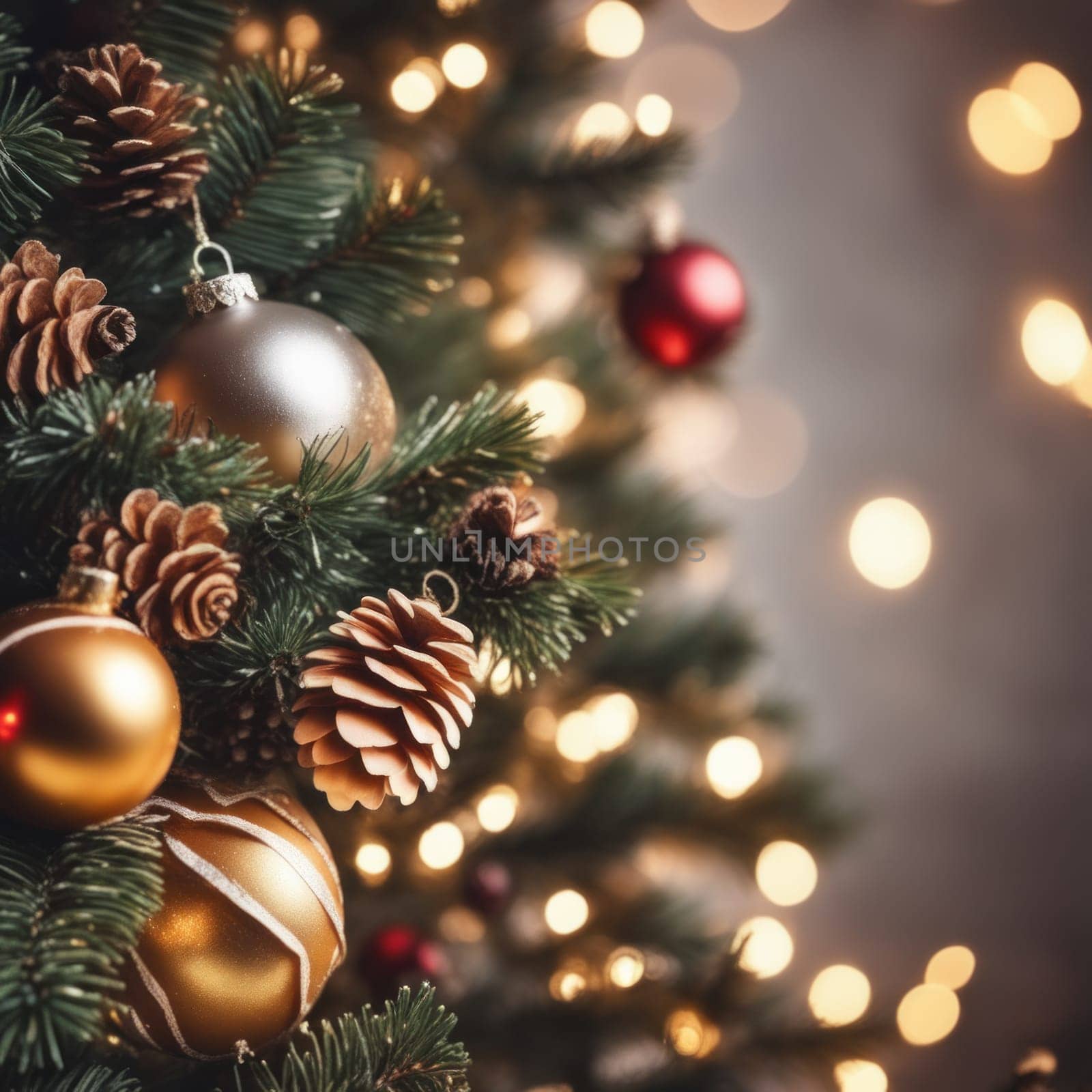 Close-UP of Christmas Tree, Red and Golden Ornaments against a Defocused Lights Background