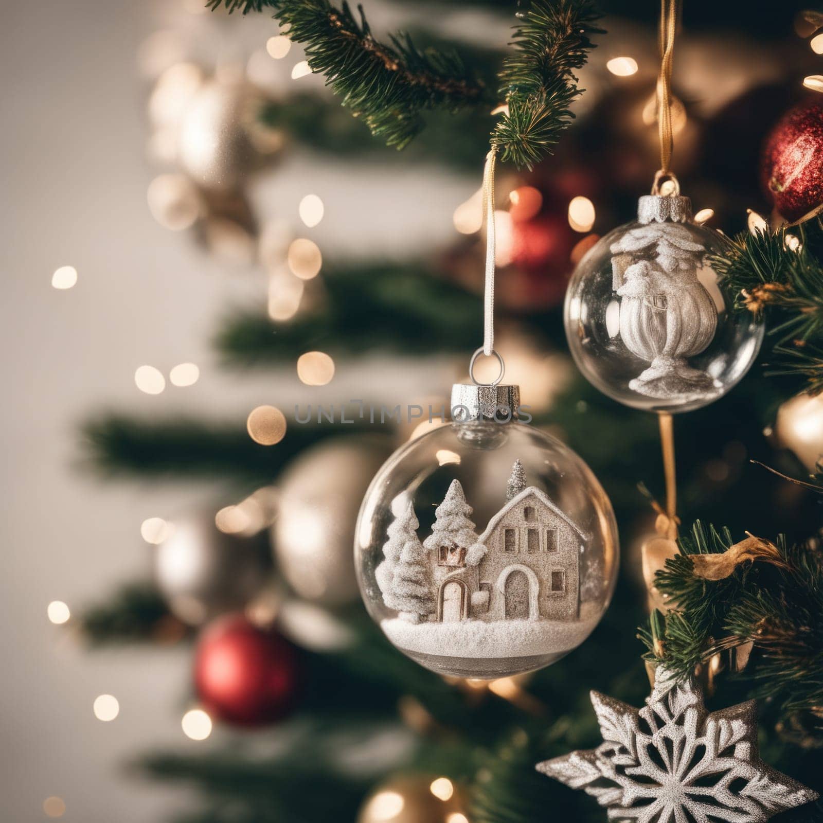 Close-UP of Christmas Tree, Red and Golden Ornaments against a Defocused Lights Background