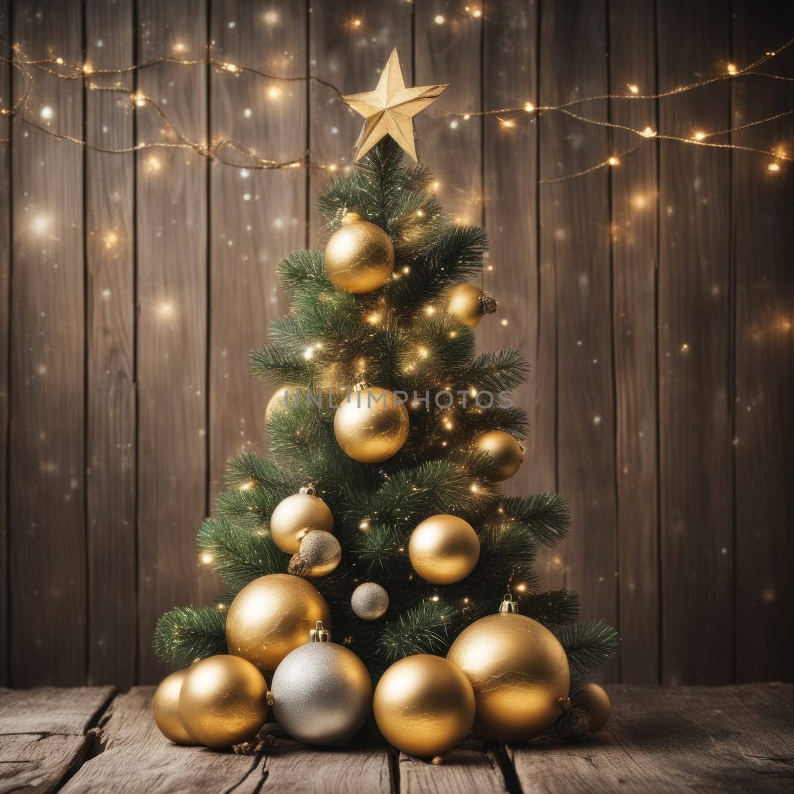 Close-UP of Christmas Tree, Red and Golden Ornaments against a Defocused Lights Background