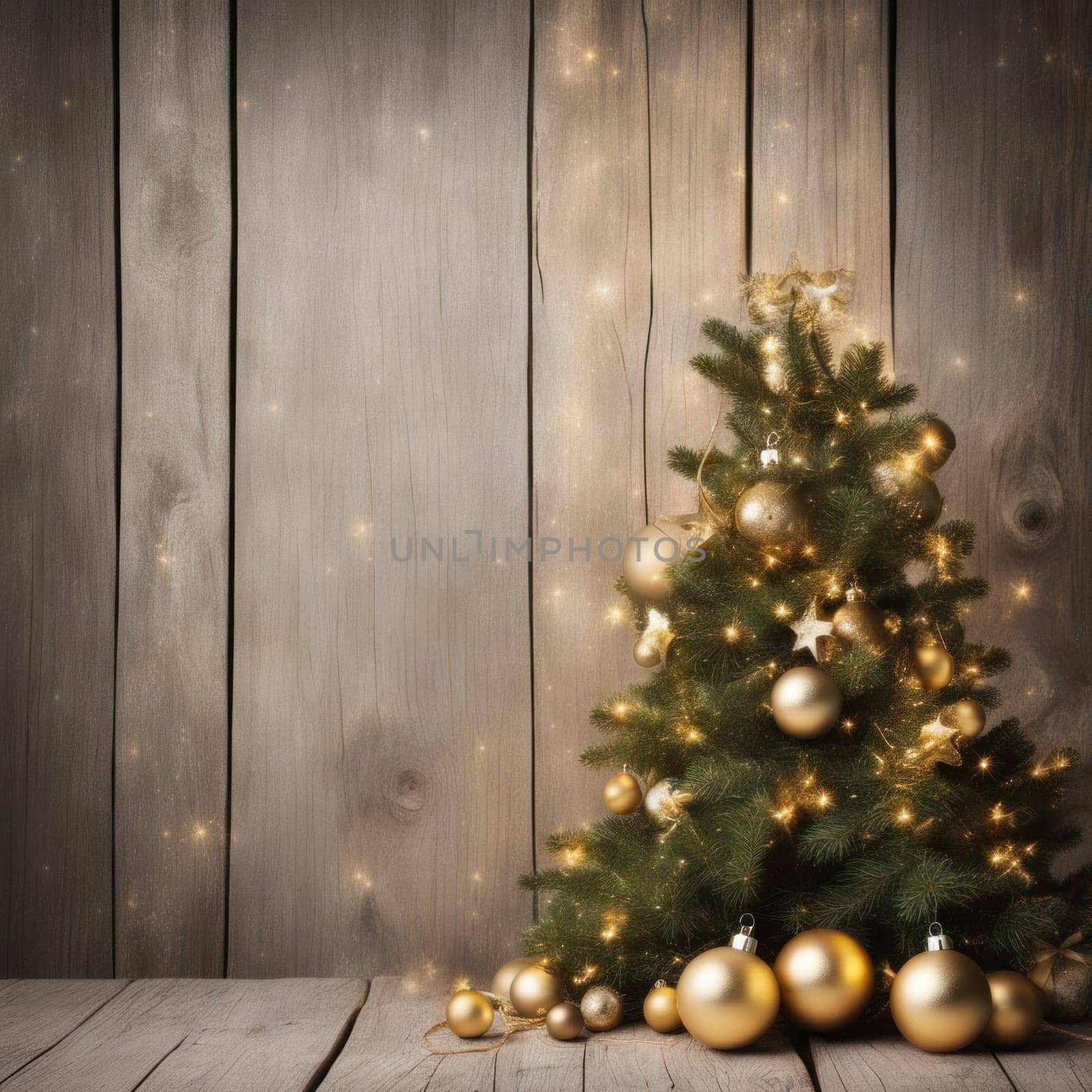 Close-UP of Christmas Tree, Red and Golden Ornaments against a Defocused Lights Background