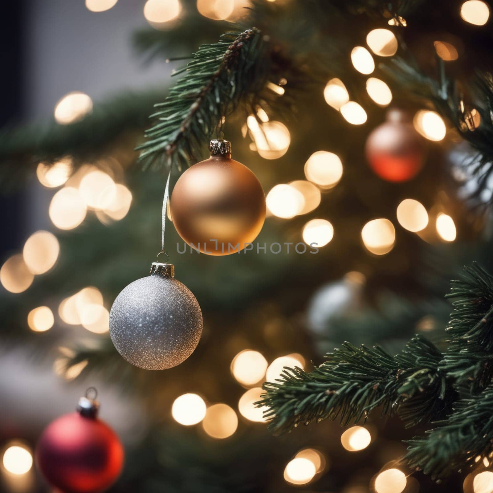 Close-UP of Christmas Tree, Red and Golden Ornaments against a Defocused Lights Background