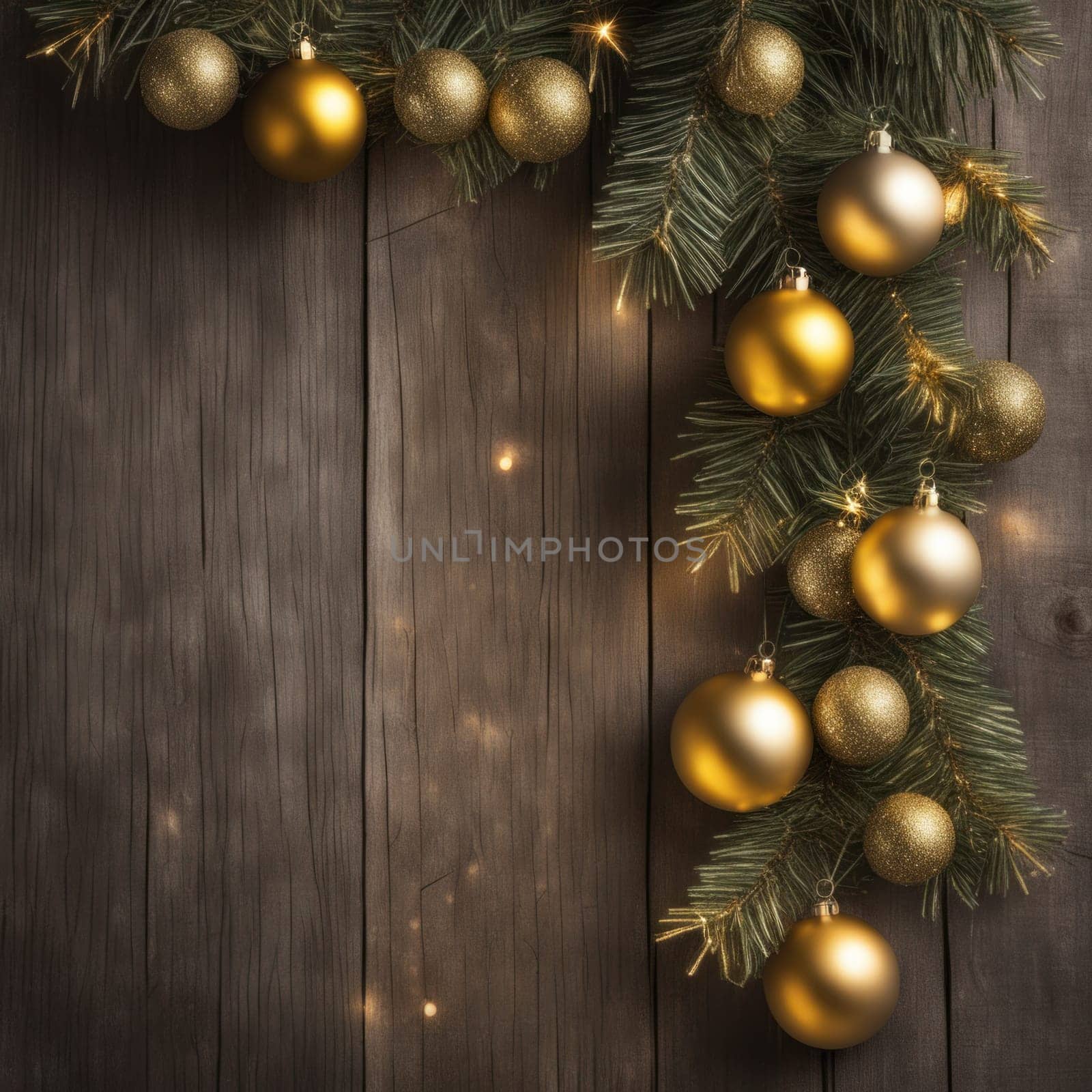 Close-UP of Christmas Tree, Red and Golden Ornaments against a Defocused Lights Background