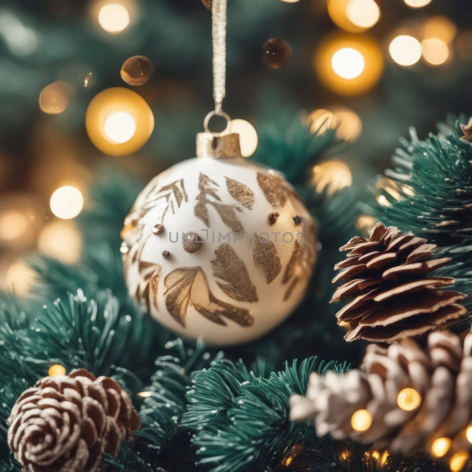 Close-UP of Christmas Tree, Red and Golden Ornaments against a Defocused Lights Background