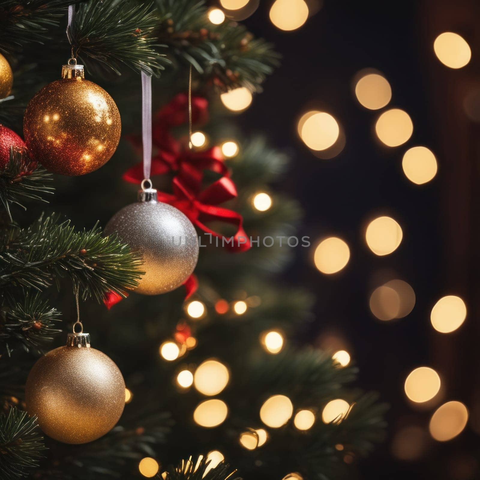 Close-UP of Christmas Tree, Red and Golden Ornaments against a Defocused Lights Background