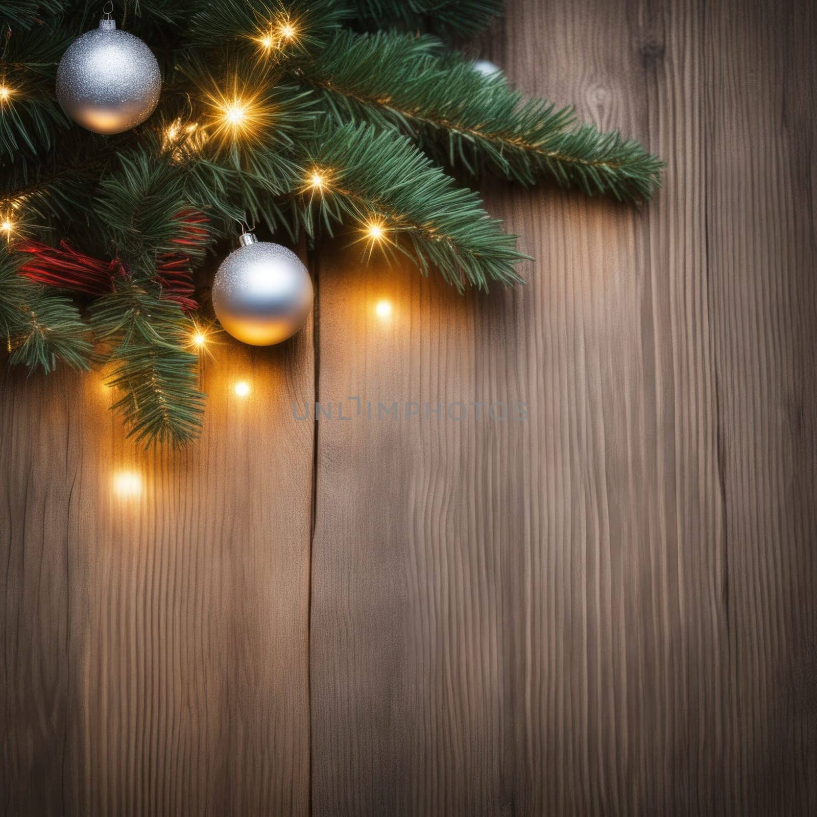 Close-UP of Christmas Tree, Red and Golden Ornaments against a Defocused Lights Background