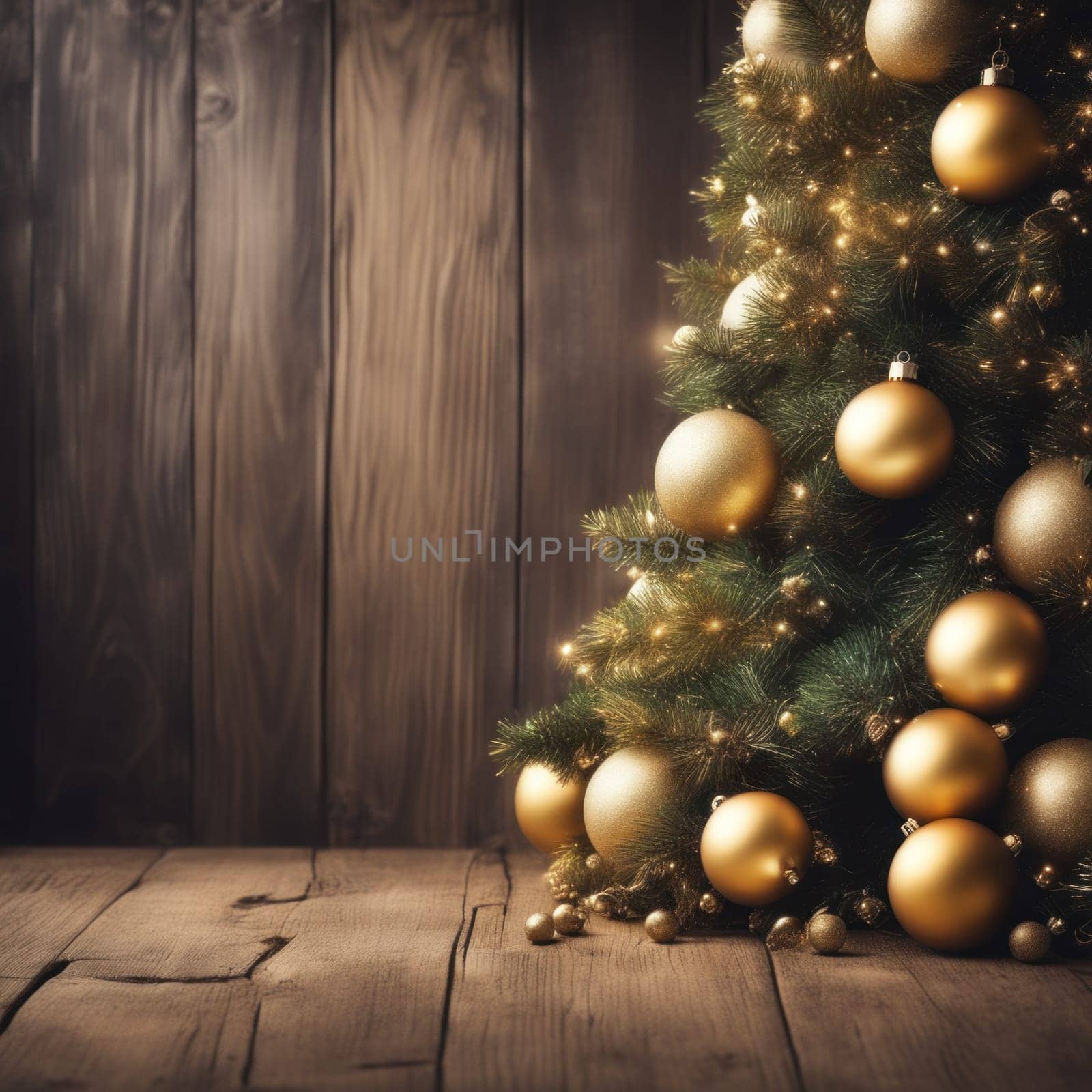 Close-UP of Christmas Tree, Red and Golden Ornaments against a Defocused Lights Background