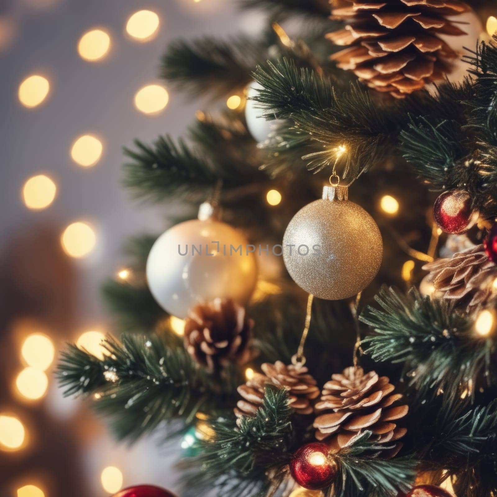 Close-UP of Christmas Tree, Red and Golden Ornaments against a Defocused Lights Background