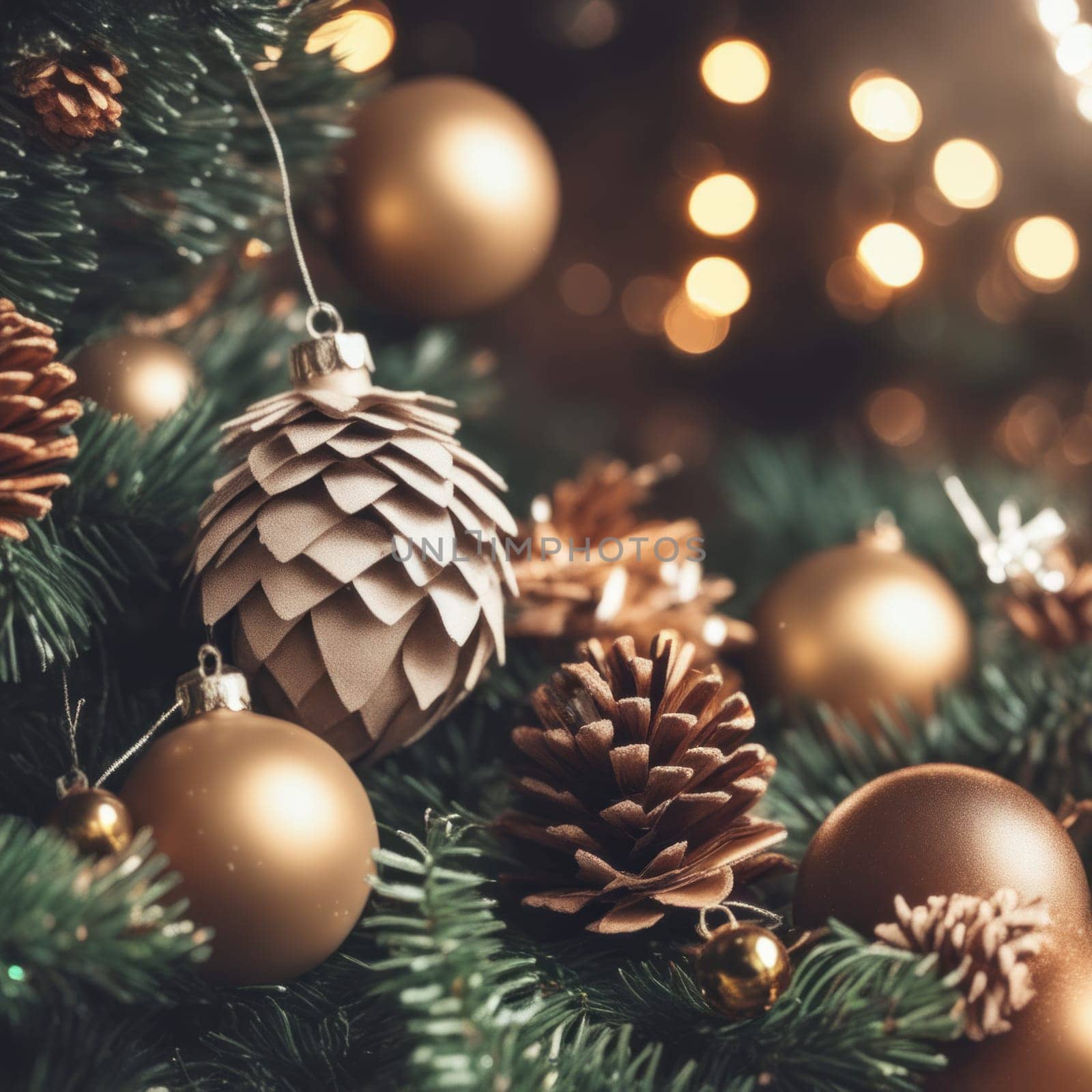 Close-UP of Christmas Tree, Red and Golden Ornaments against a Defocused Lights Background