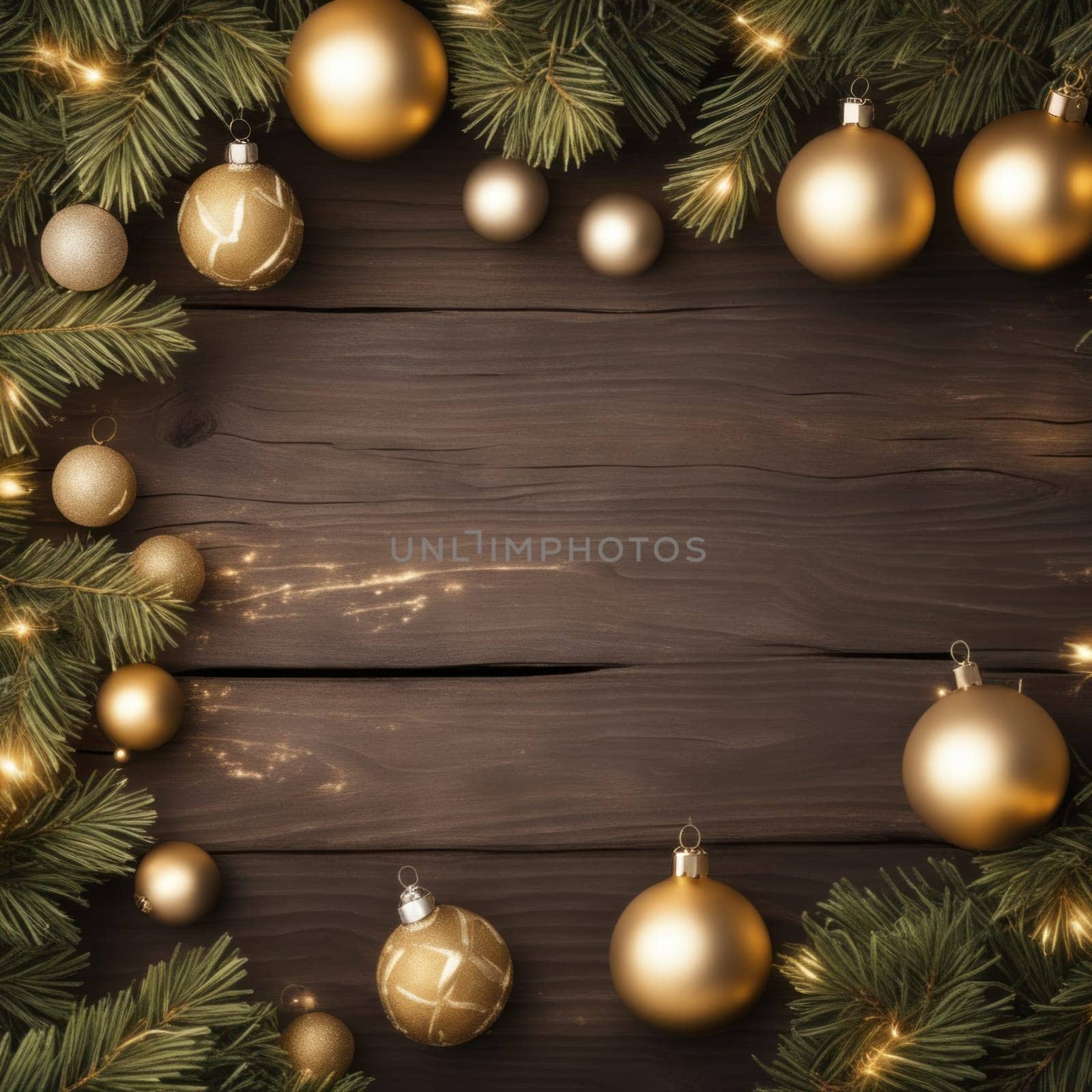 Close-UP of Christmas Tree, Red and Golden Ornaments against a Defocused Lights Background