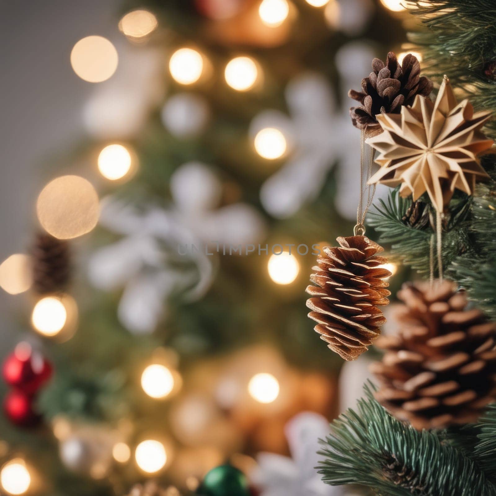 Close-UP of Christmas Tree, Red and Golden Ornaments against a Defocused Lights Background