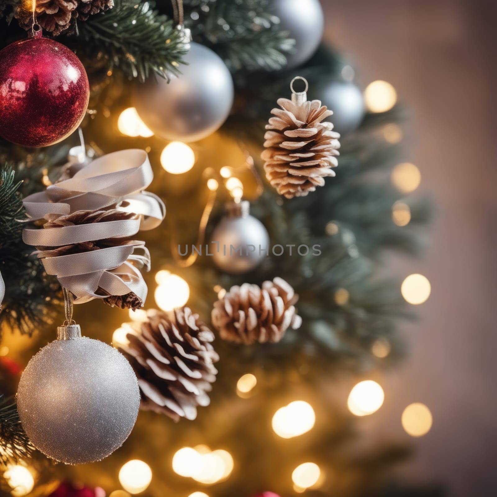 Close-UP of Christmas Tree, Red and Golden Ornaments against a Defocused Lights Background