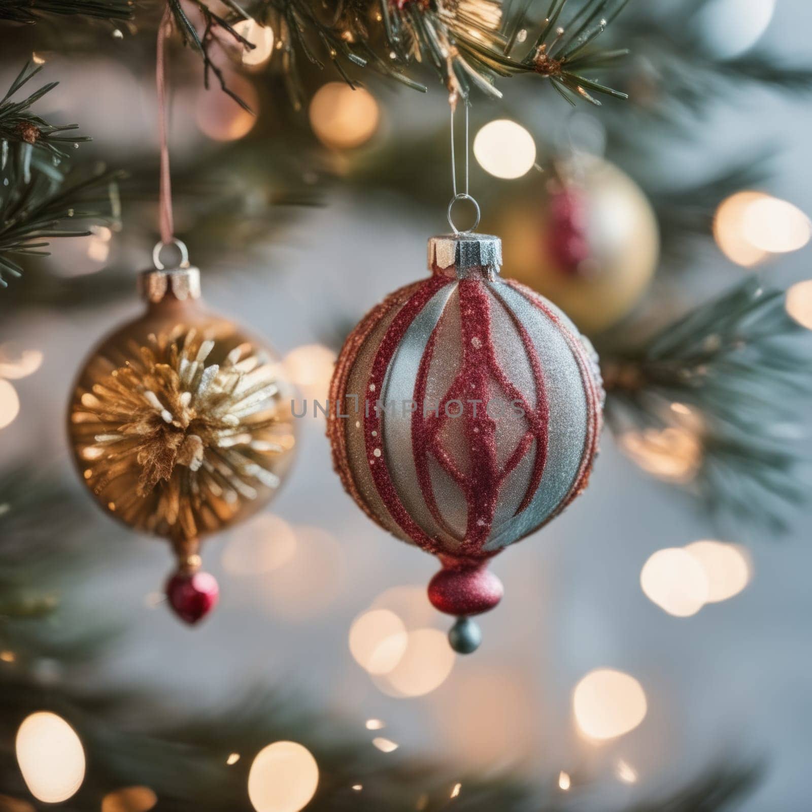 Close-UP of Christmas Tree, Gold Ornaments against a Defocused Lights Background by shaadjutt36