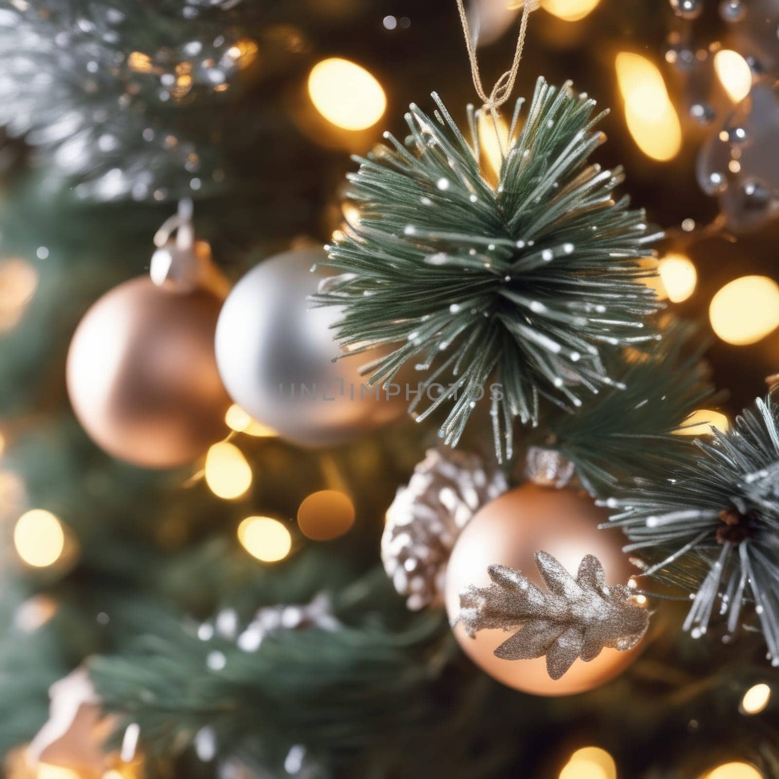 Close-UP of Christmas Tree, Red and Golden Ornaments against a Defocused Lights Background