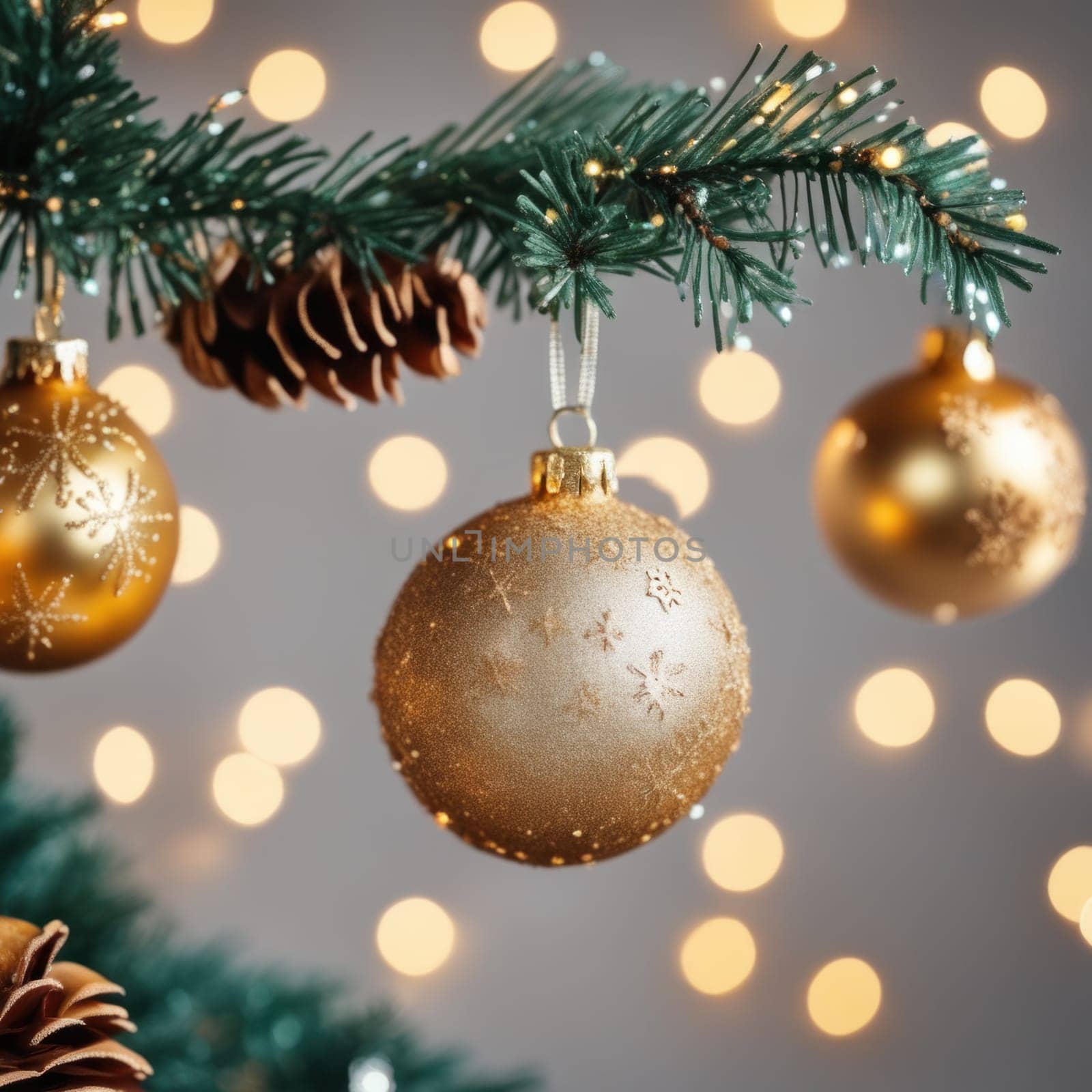 Close-UP of Christmas Tree, Red and Golden Ornaments against a Defocused Lights Background