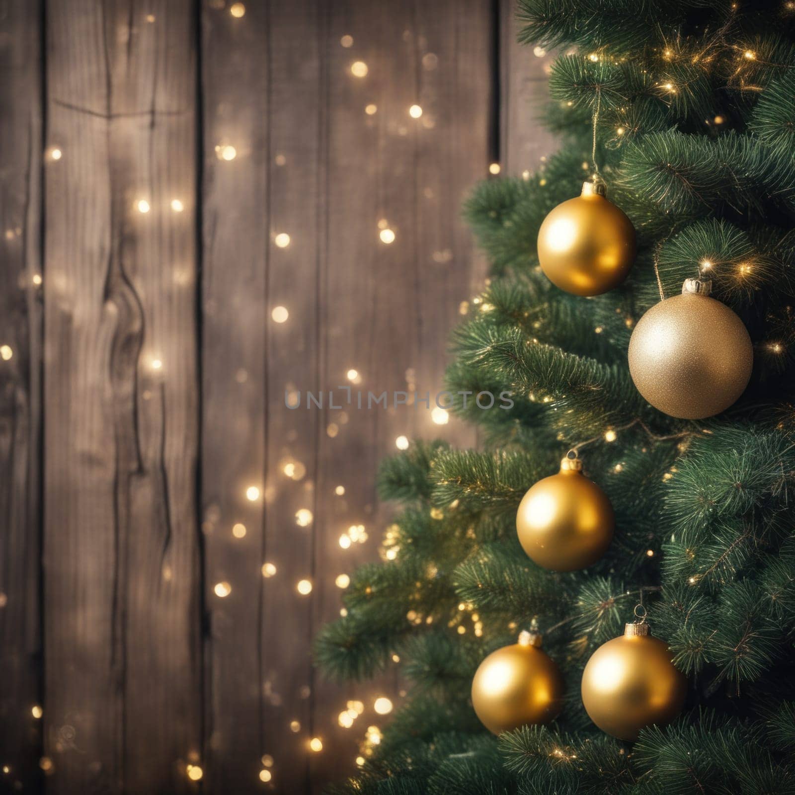 Close-UP of Christmas Tree, Gold Ornaments against a Defocused Lights Background by shaadjutt36