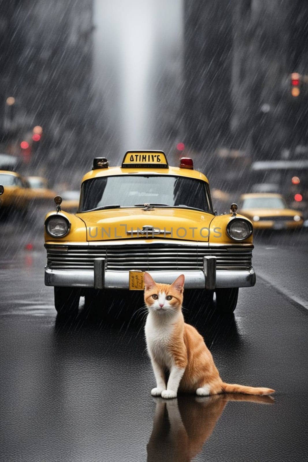 funny street feline, 5th avenue, manhattan, stormy, raining season, 3d render, illustration by verbano