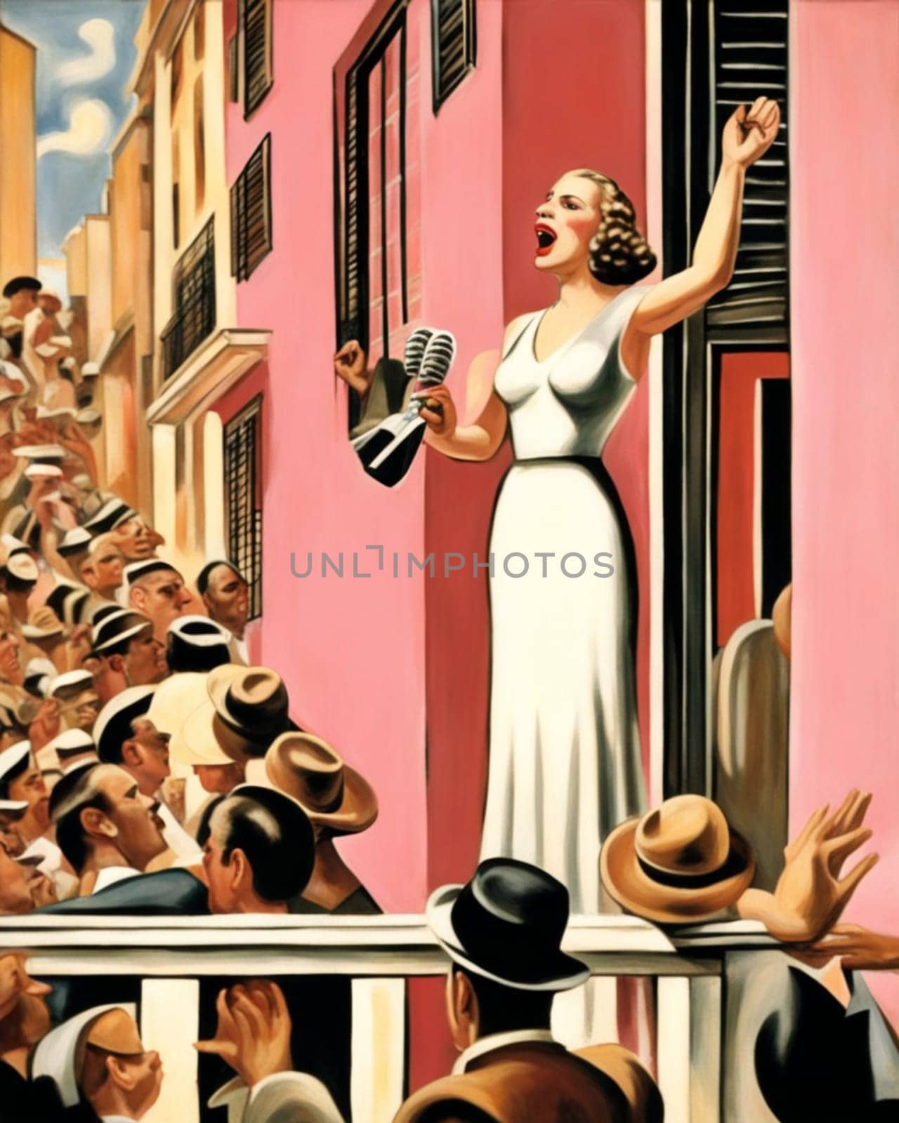 Figure of a woman like Evita Peron, short hairstyle, blond, thin, energetic, art deco style, speaking pitching poor people rights shouting crowd from pink house terrace, Buenos Aires, Argentina