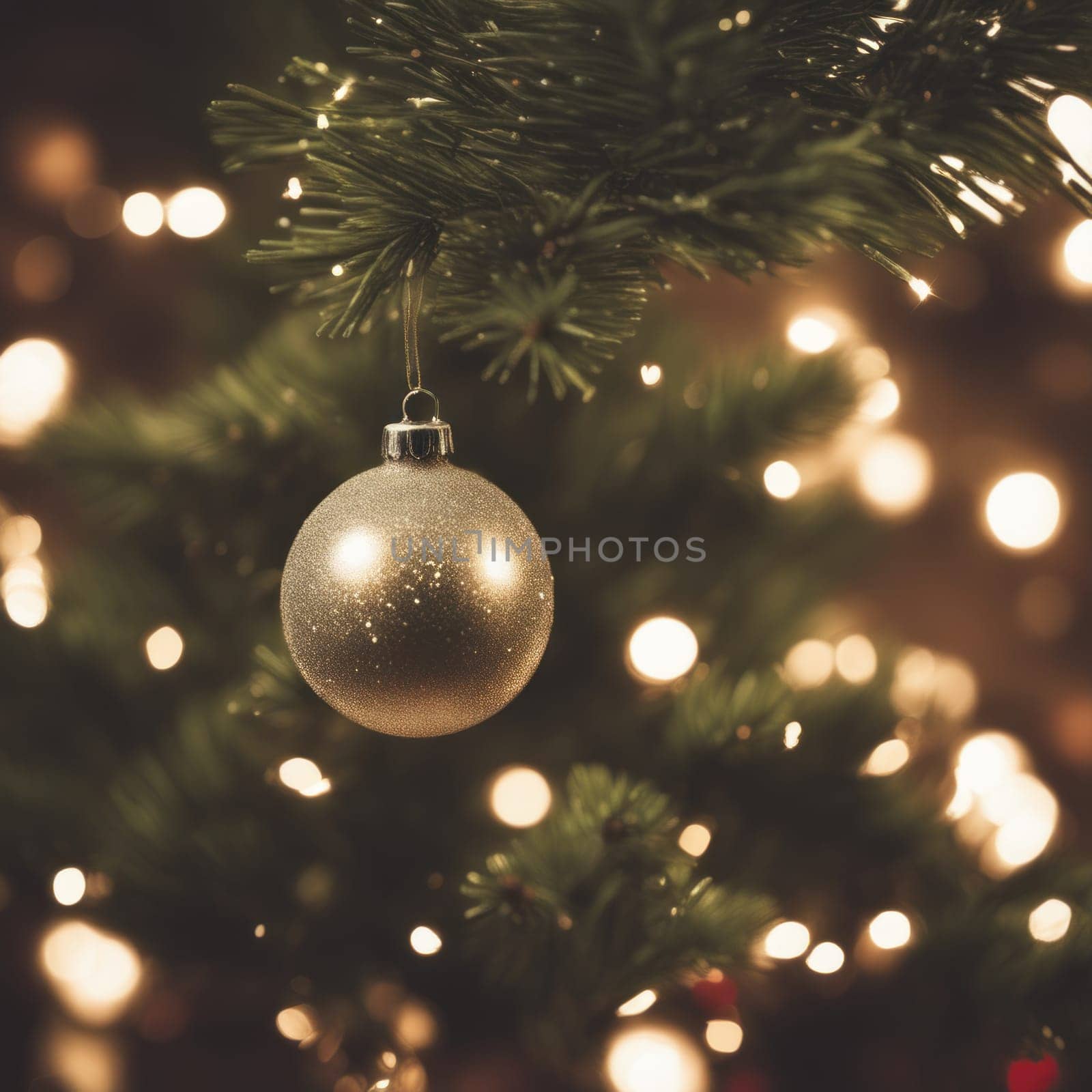 Close-UP of Christmas Tree, Red and Golden Ornaments against a Defocused Lights Background