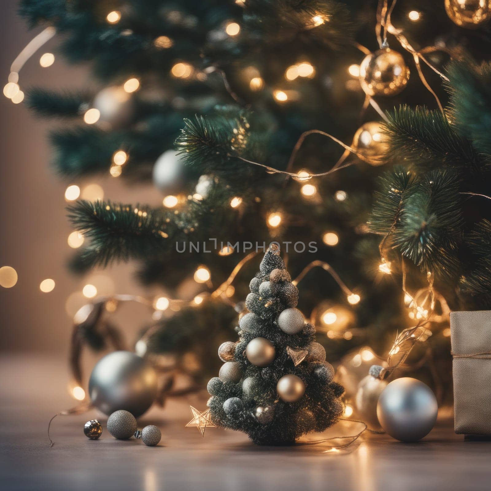 Close-UP of Christmas Tree, Red and Golden Ornaments against a Defocused Lights Background