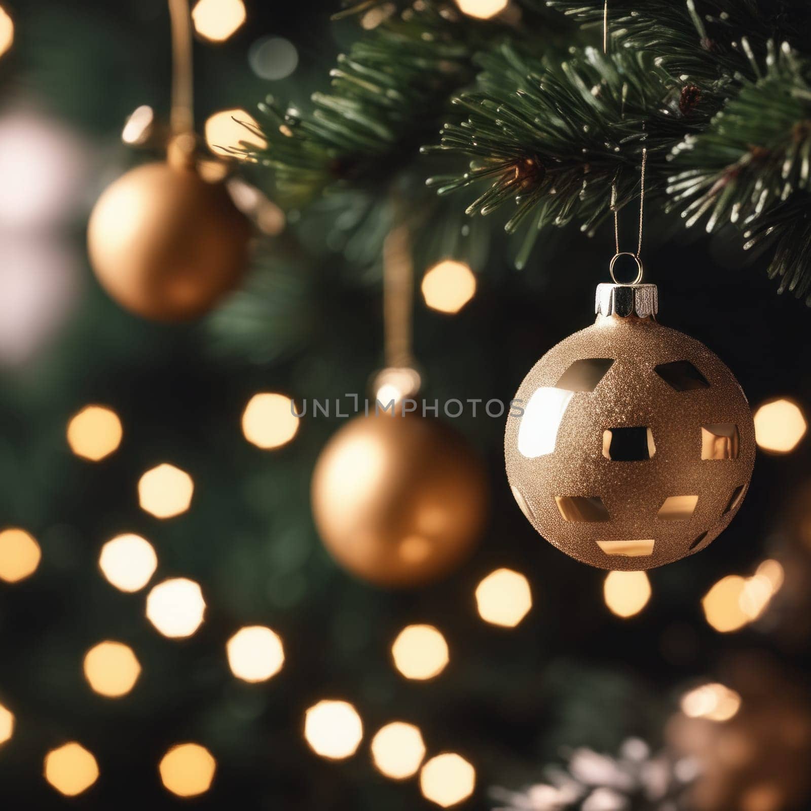 Close-UP of Christmas Tree, Red and Golden Ornaments against a Defocused Lights Background