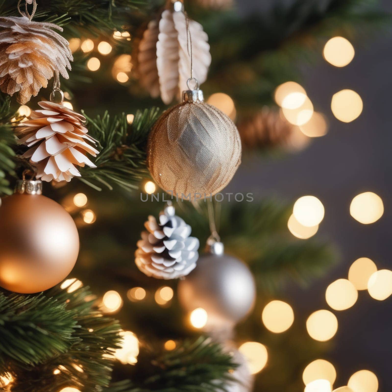 Close-UP of Christmas Tree, Red and Golden Ornaments against a Defocused Lights Background