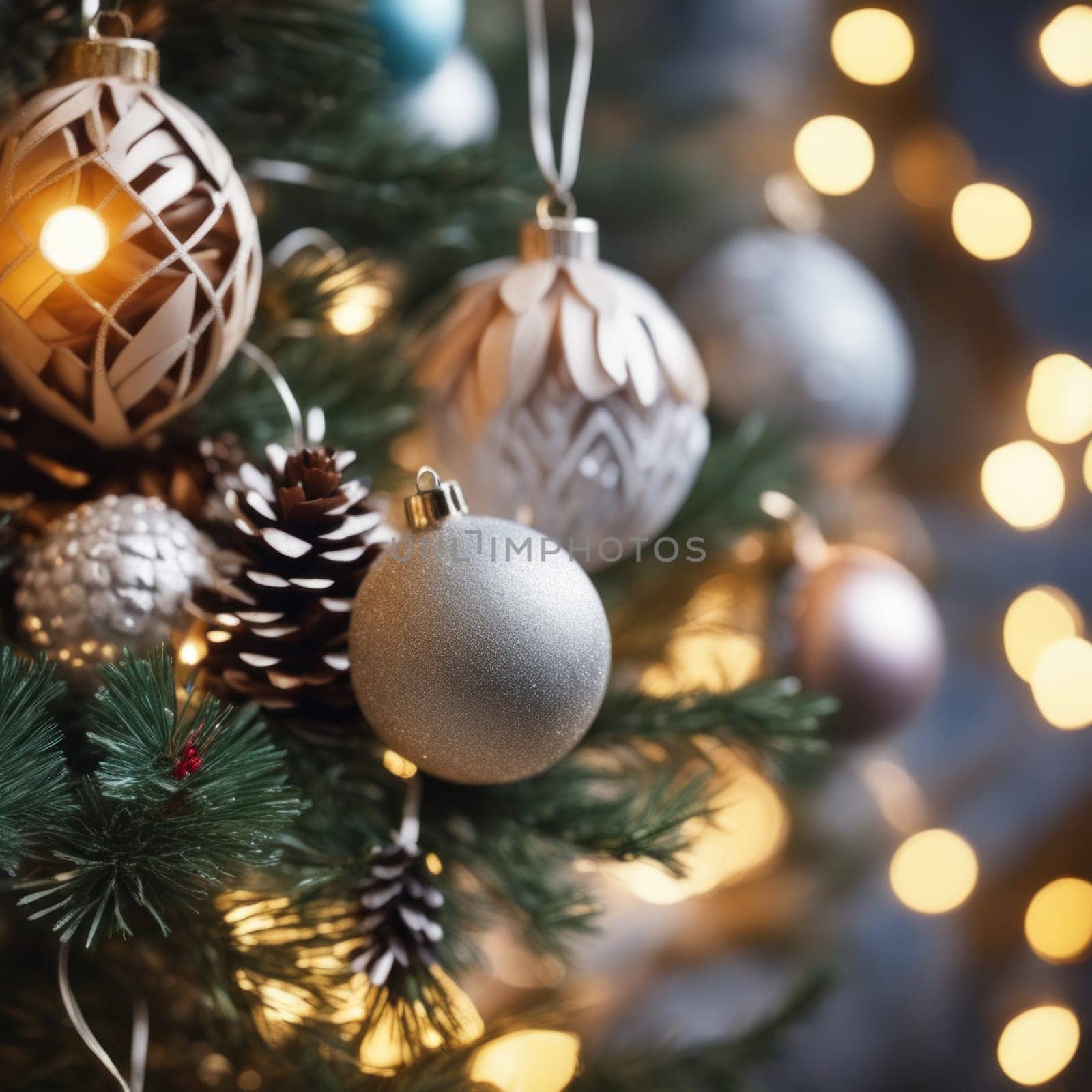 Close-UP of Christmas Tree, Red and Golden Ornaments against a Defocused Lights Background