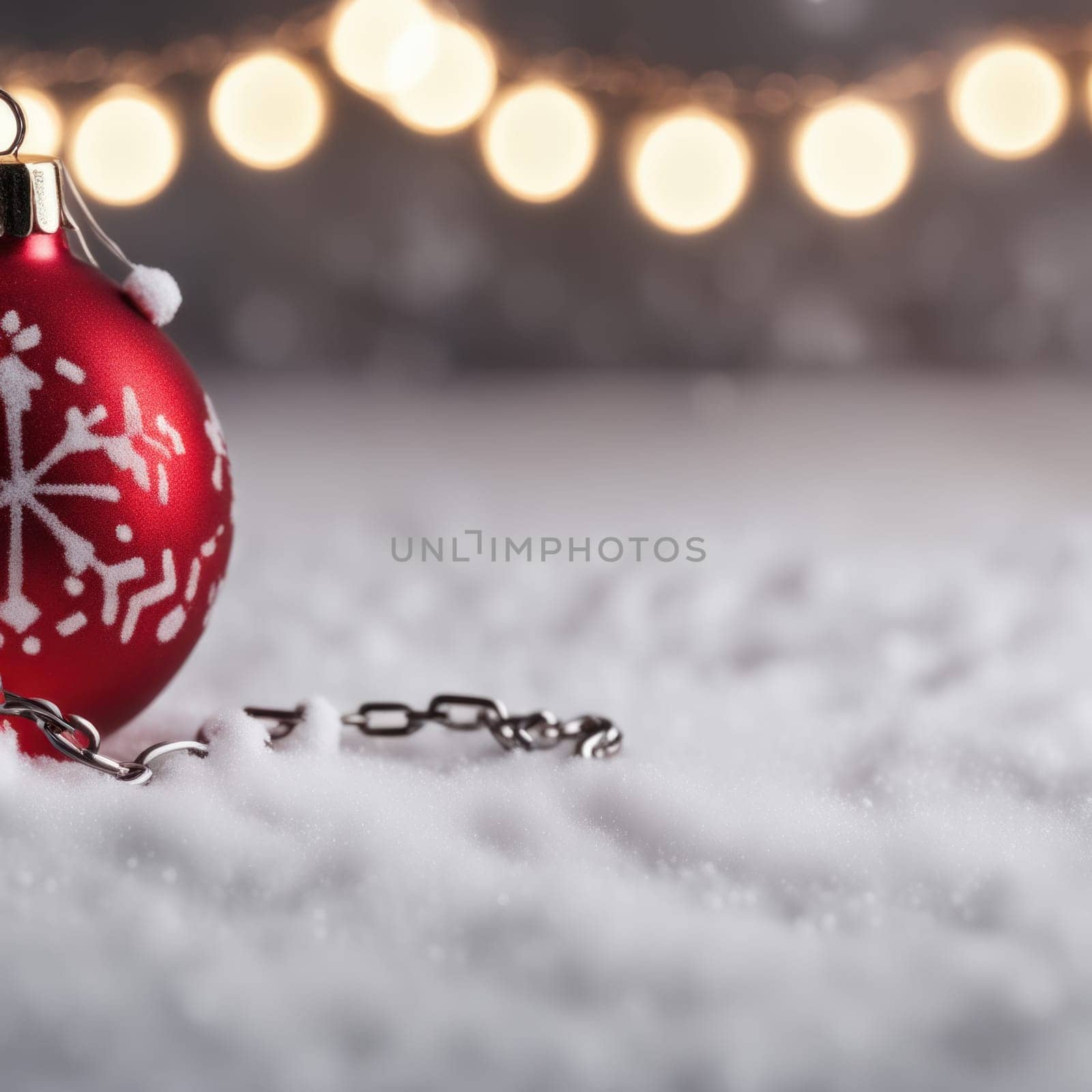 Red colored christmas decorations ornaments on snow  with space for text