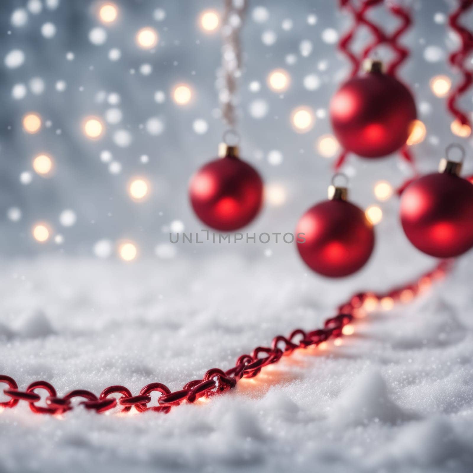 Red colored christmas decorations ornaments on snow  with space for text by shaadjutt36