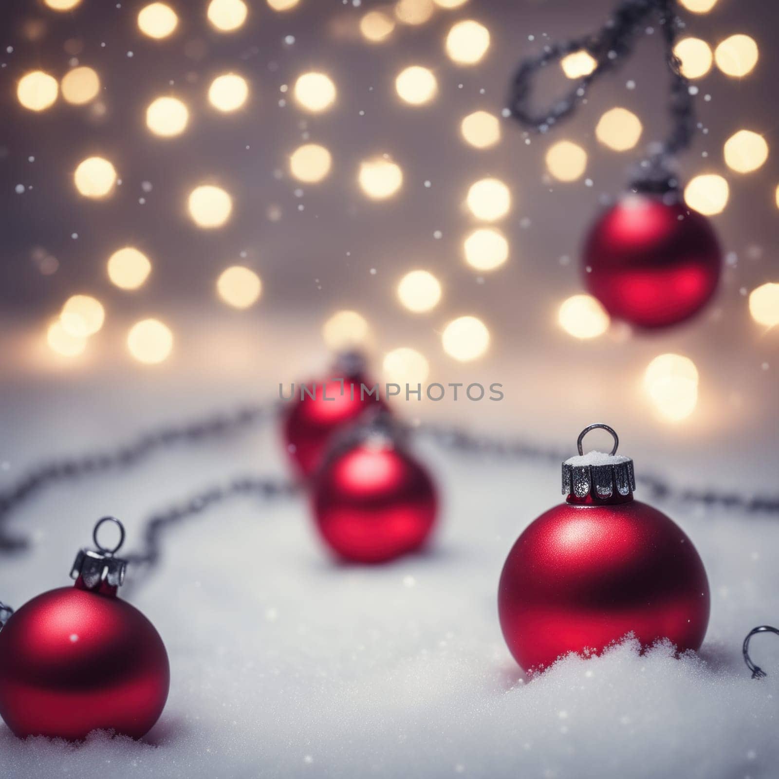 Red colored christmas decorations ornaments on snow  with space for text