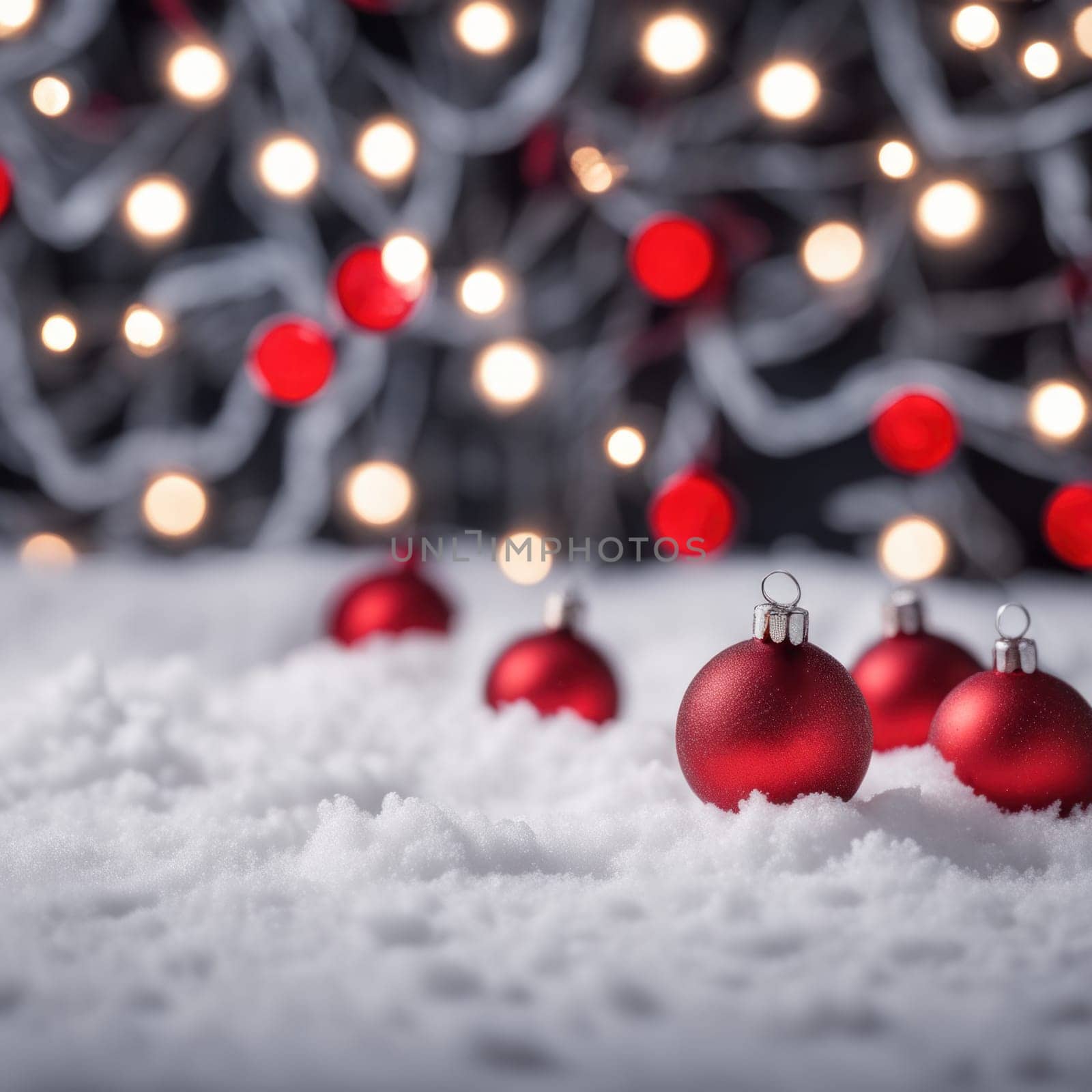 Red colored christmas decorations ornaments on snow  with space for text