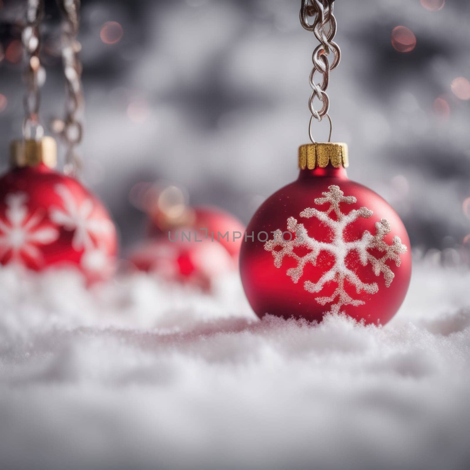 Red colored christmas decorations ornaments on snow  with space for text