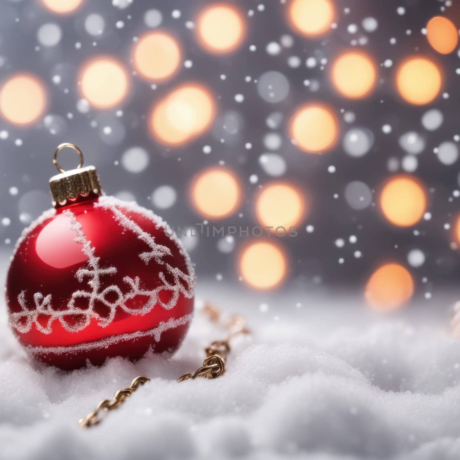 Red colored christmas decorations ornaments on snow  with space for text