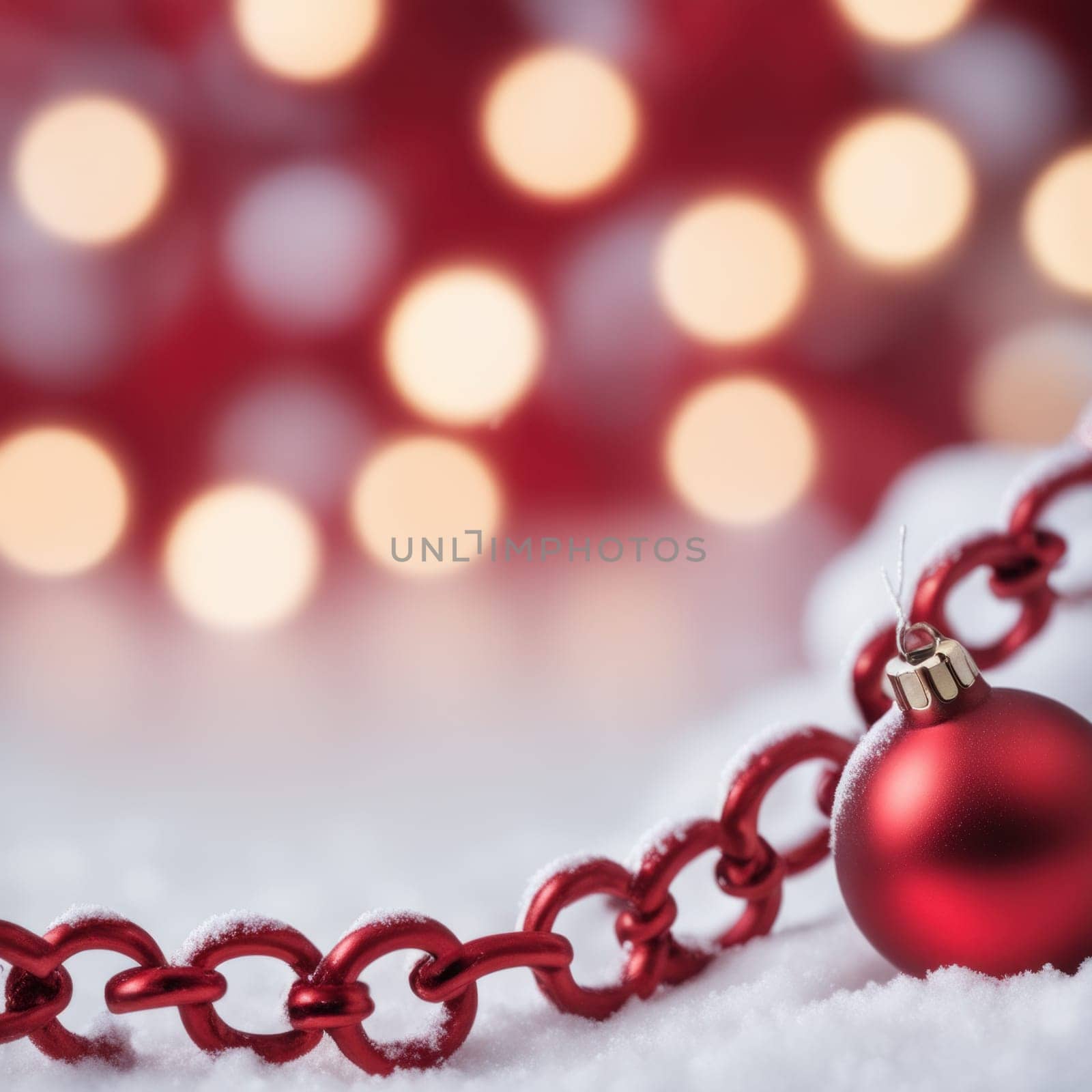 Red colored christmas decorations ornaments on snow  with space for text