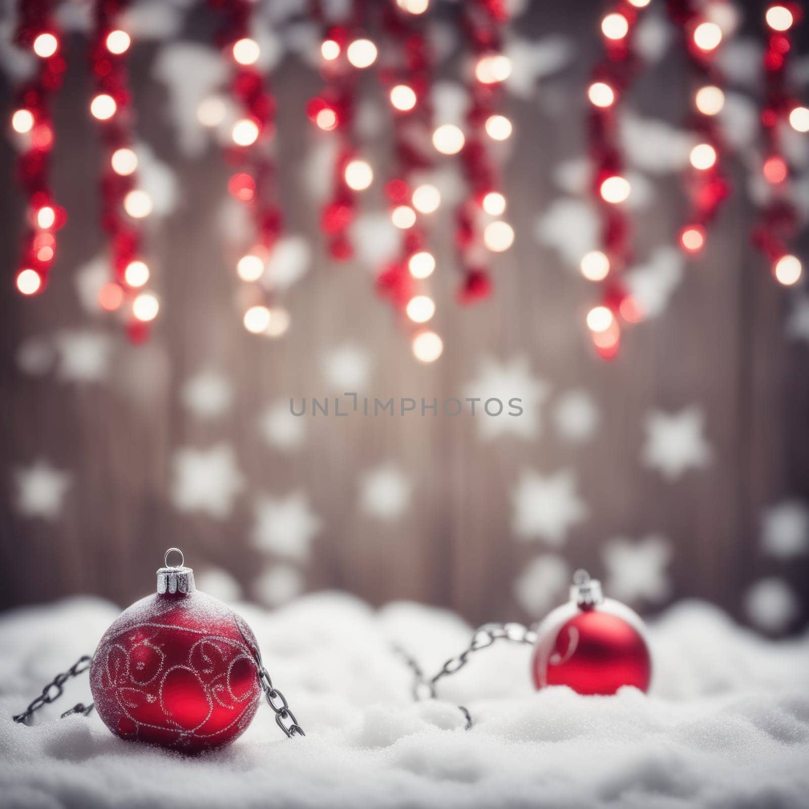 Red colored christmas decorations ornaments on snow  with space for text by shaadjutt36