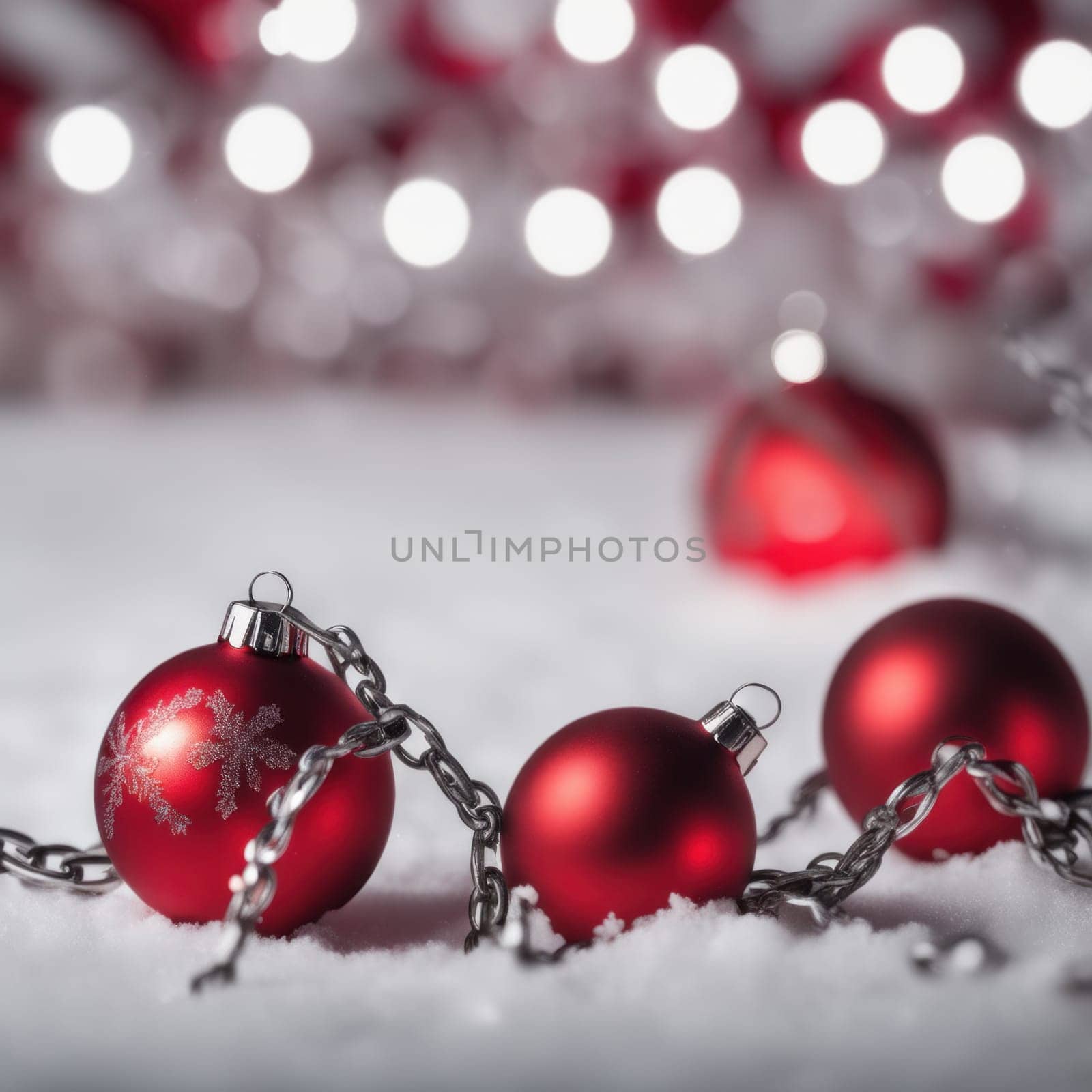 Red colored christmas decorations ornaments on snow  with space for text