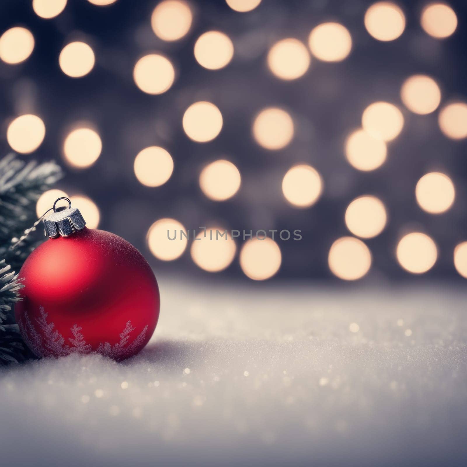 Red colored christmas decorations ornaments on snow  with space for text by shaadjutt36