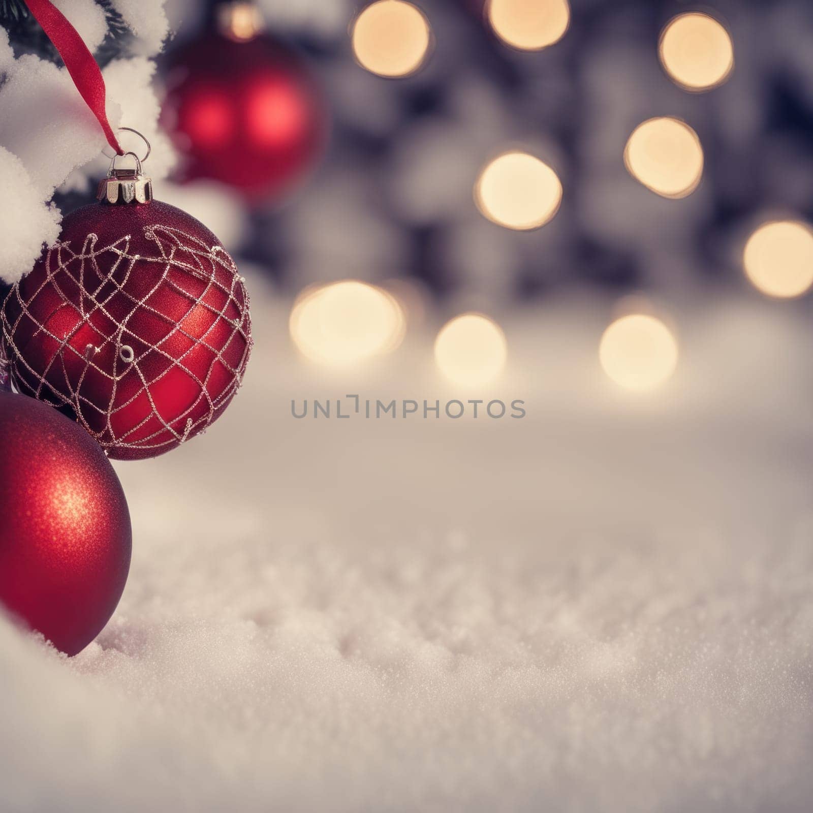 Red colored christmas decorations ornaments on snow  with space for text