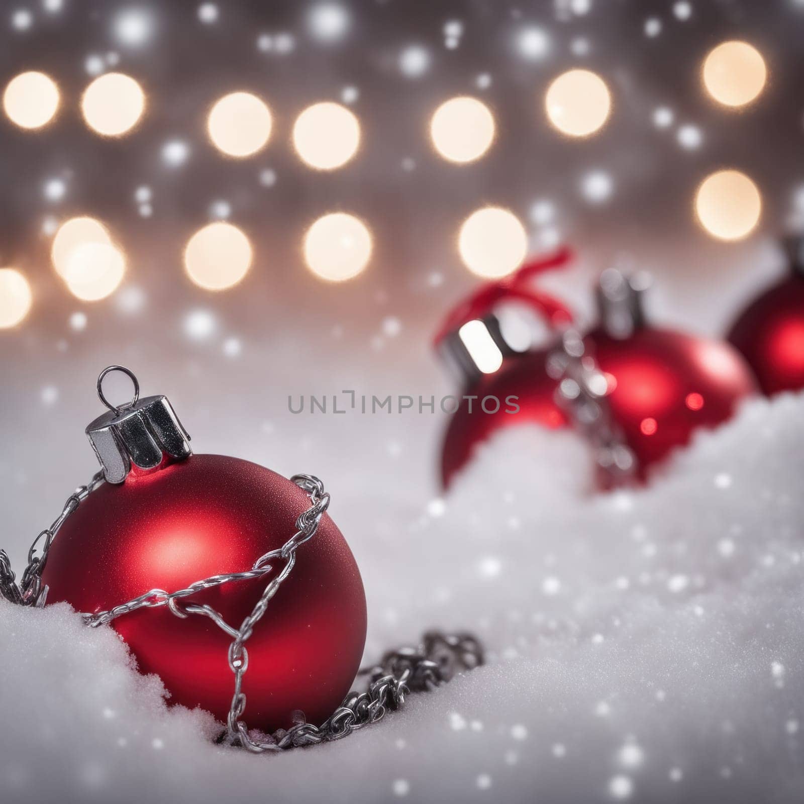 Red colored christmas decorations ornaments on snow  with space for text