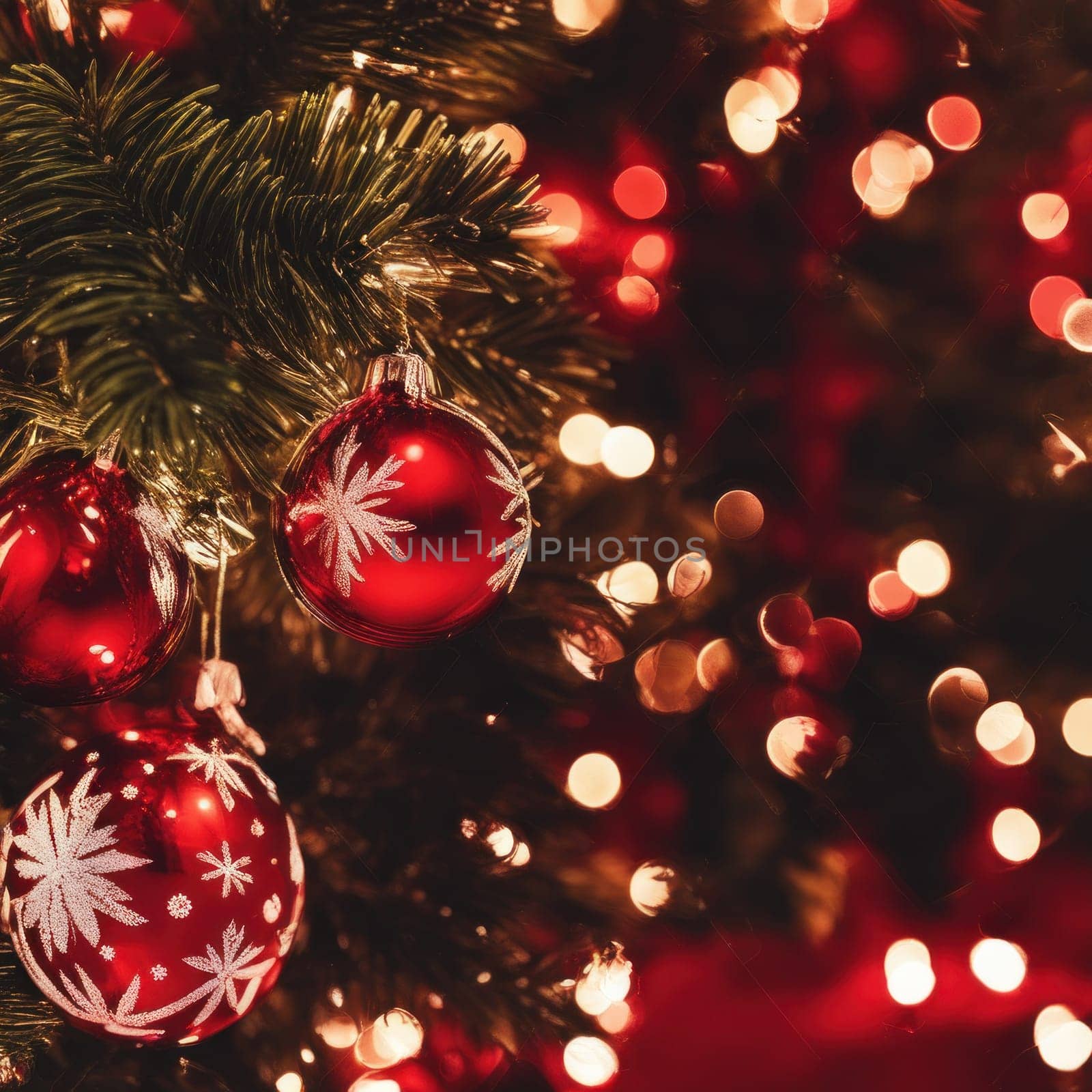 Close-UP of Christmas Tree, Red and Golden Ornaments against a Defocused Lights Background