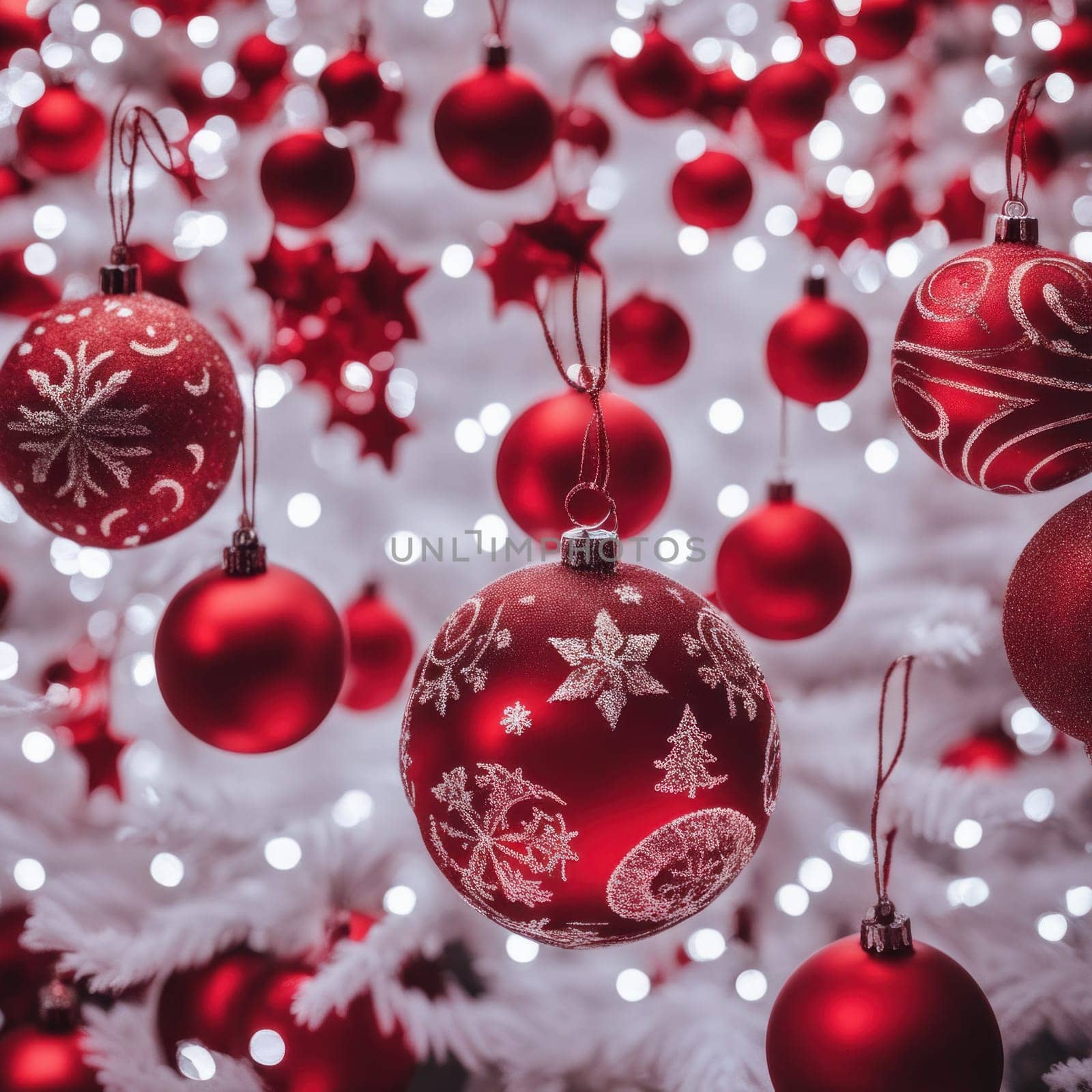 Close-UP of Christmas Tree, Red and Golden Ornaments against a Defocused Lights Background