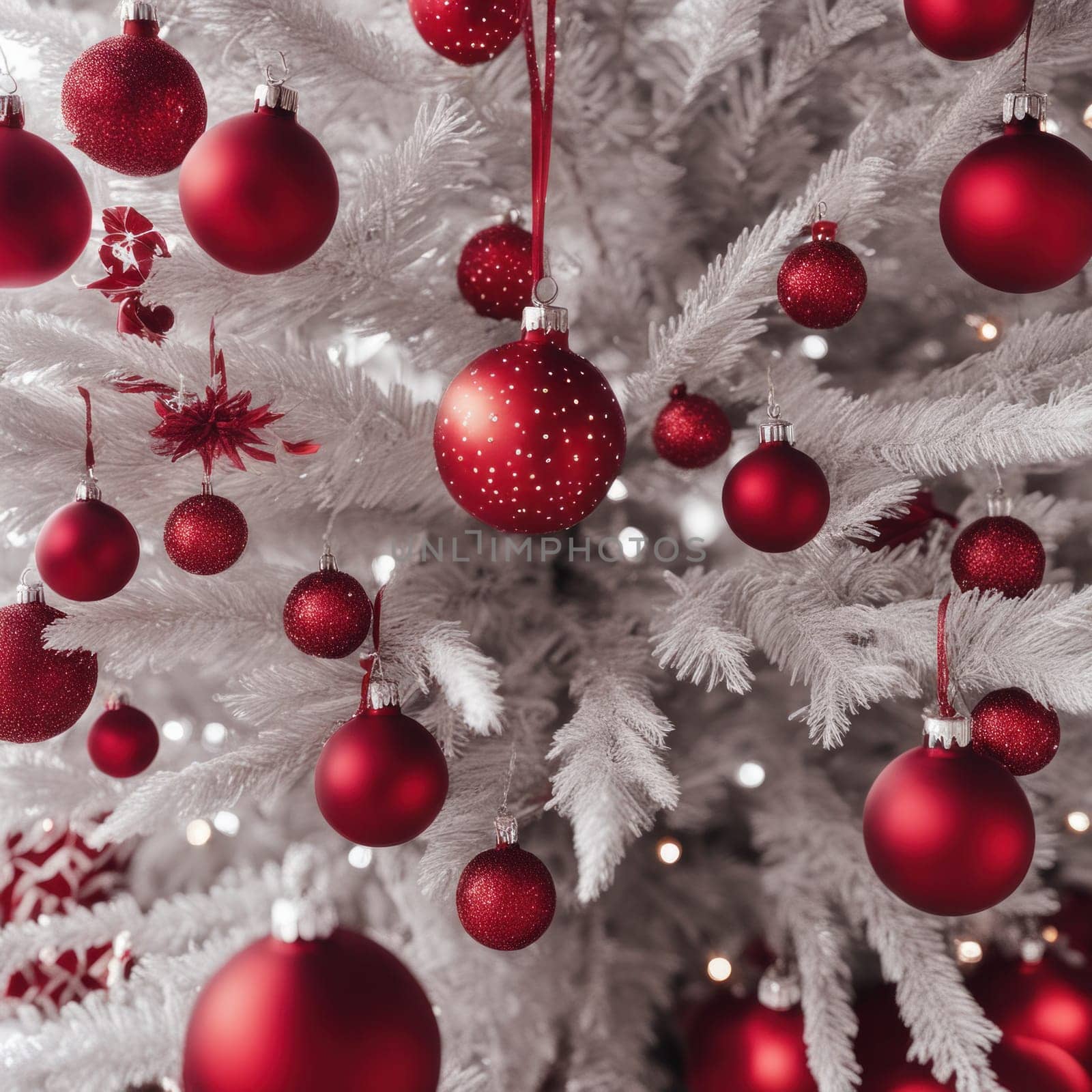 Close-UP of Christmas Tree, Red and Golden Ornaments against a Defocused Lights Background