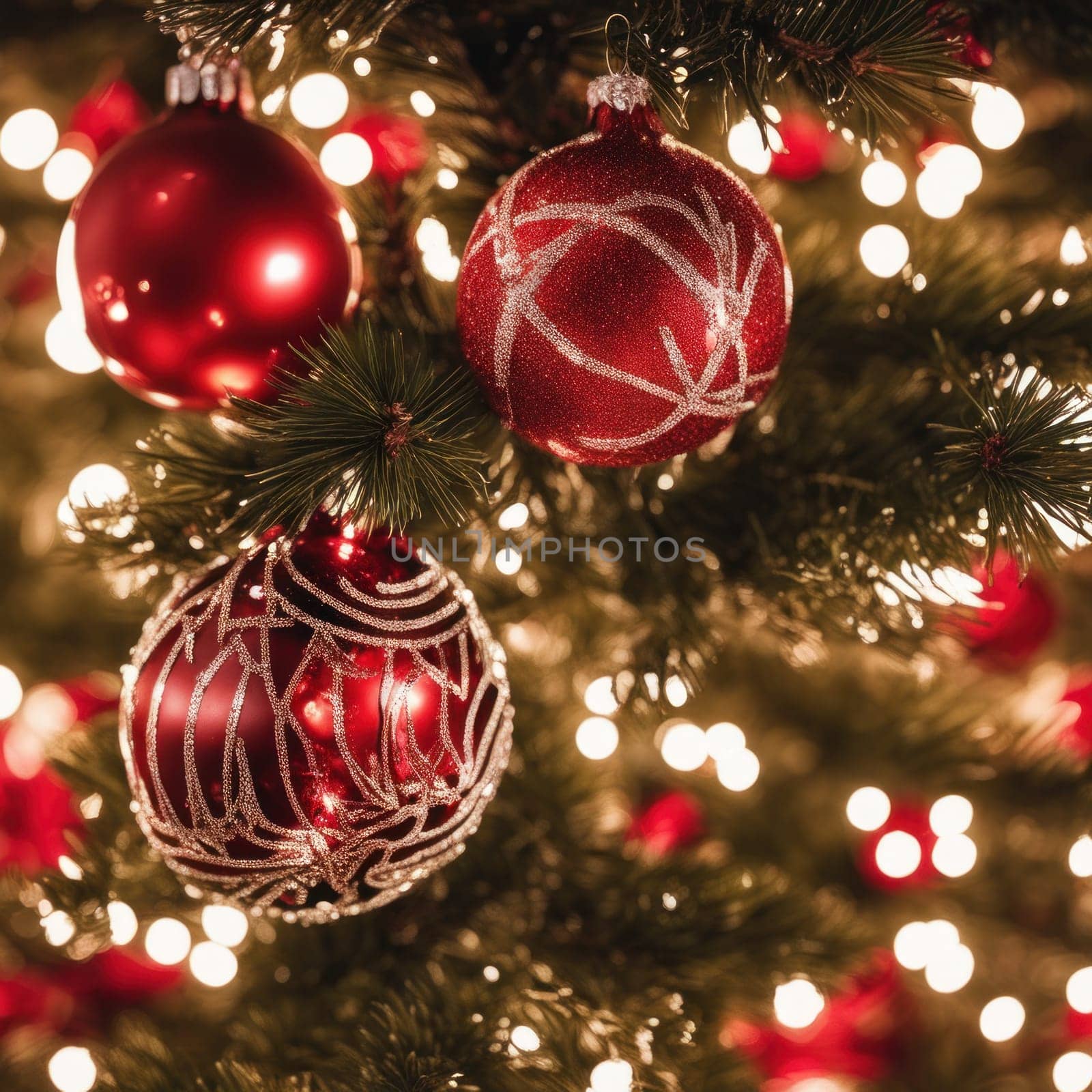 Close-UP of Christmas Tree, Red and Golden Ornaments against a Defocused Lights Background