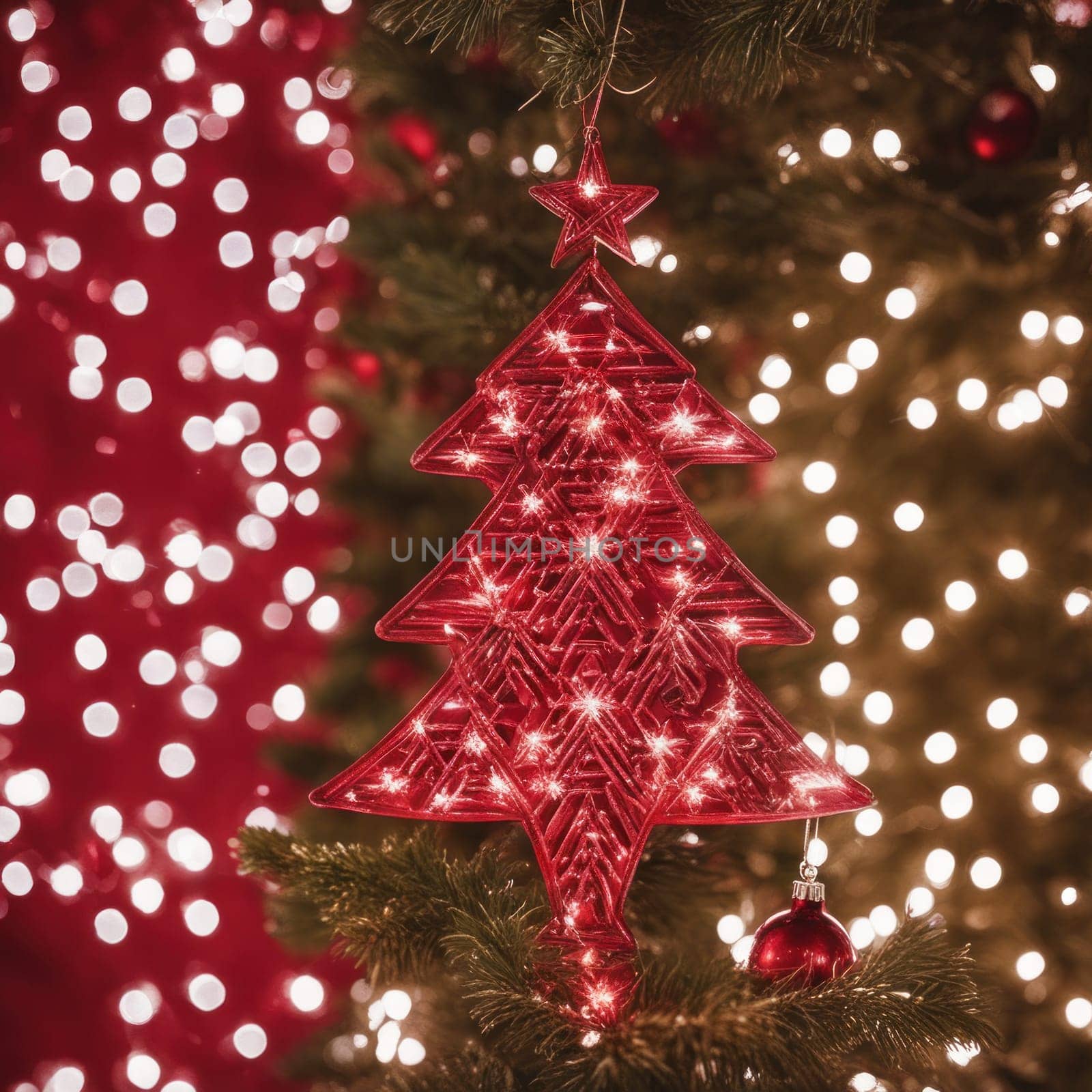 Close-UP of Christmas Tree, Red and Golden Ornaments against a Defocused Lights Background