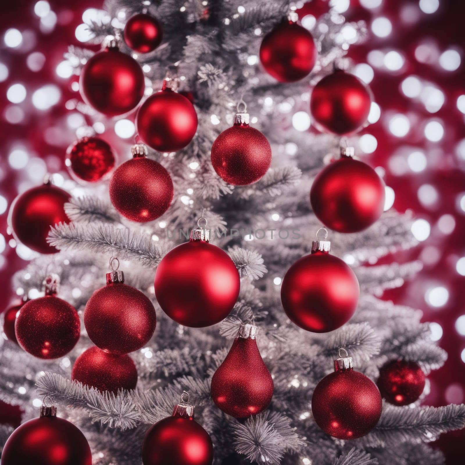 Close-UP of Christmas Tree, Red and Golden Ornaments against a Defocused Lights Background