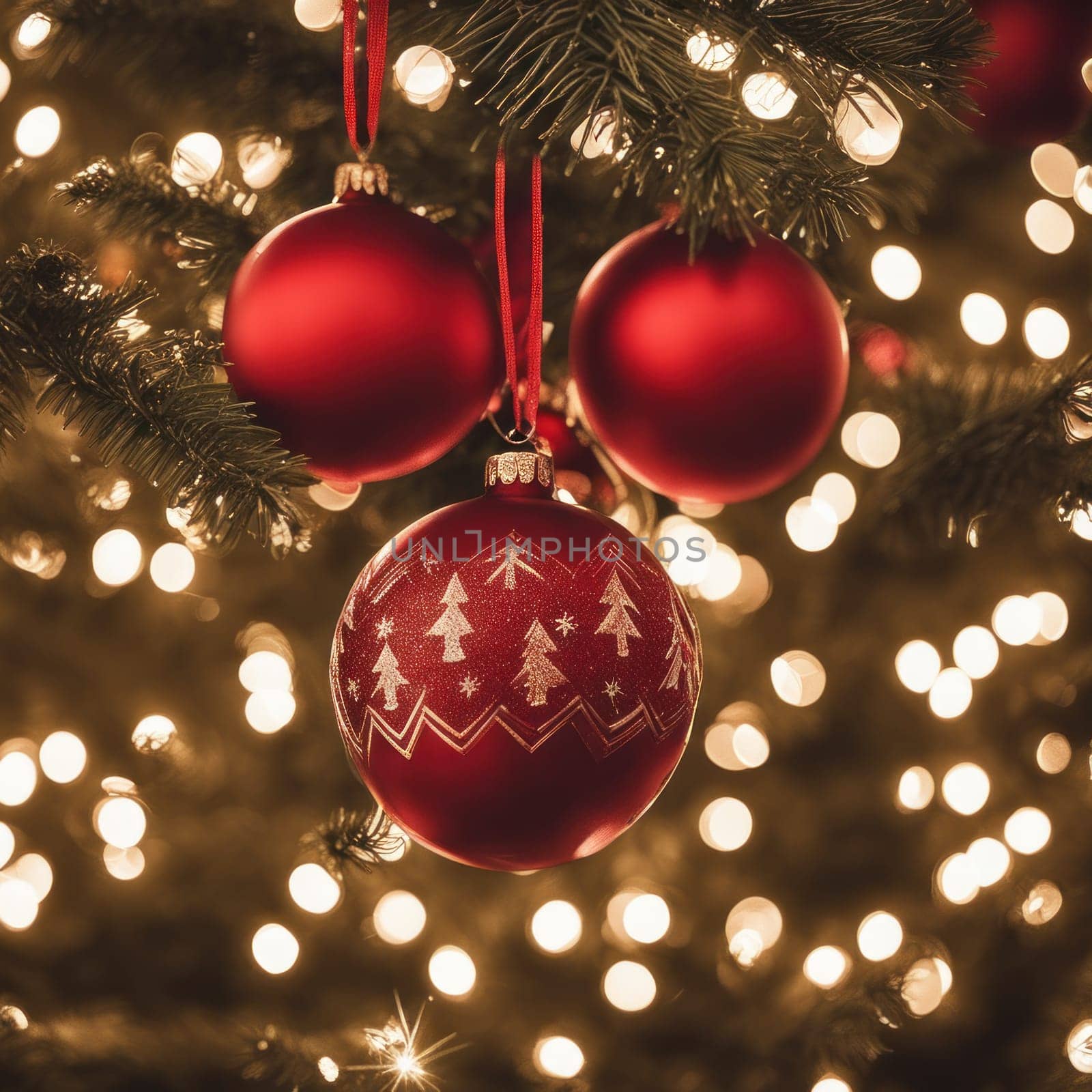 Close-UP of Christmas Tree, Red and Golden Ornaments against a Defocused Lights Background