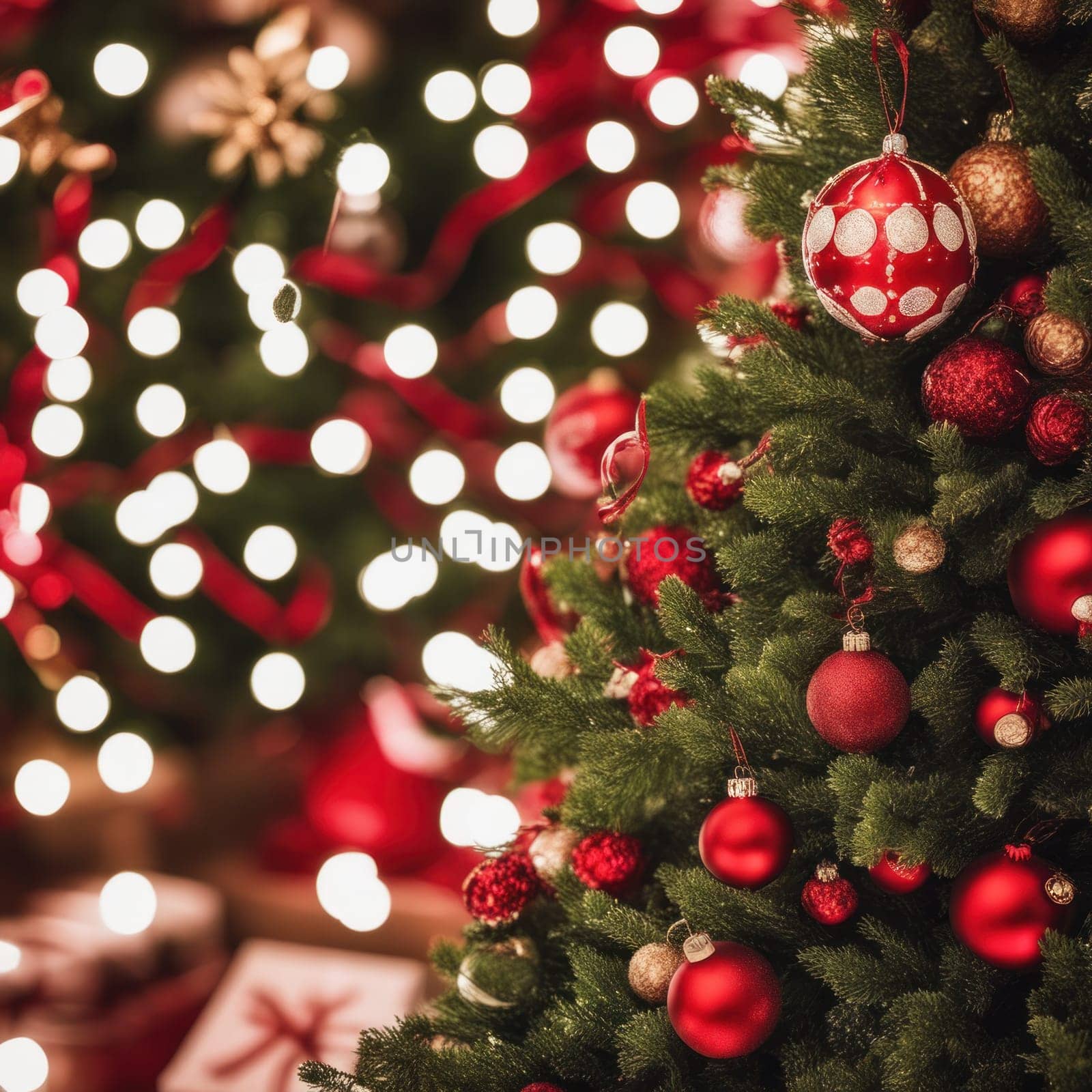 Close-UP of Christmas Tree, Red and Golden Ornaments against a Defocused Lights Background