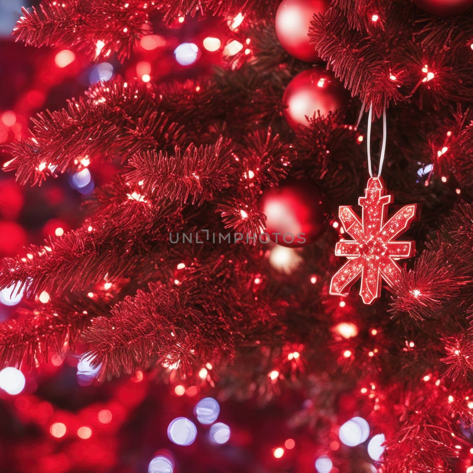 Close-UP of Christmas Tree, Red and Golden Ornaments against a Defocused Lights Background