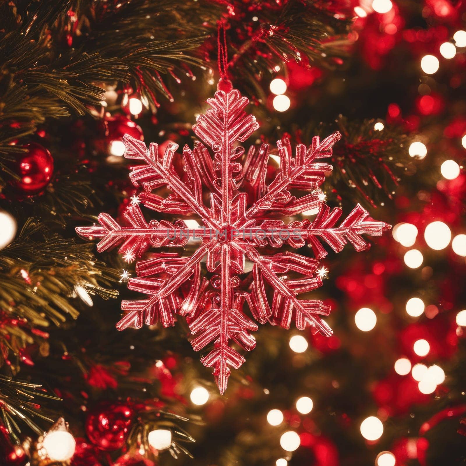 Close-UP of Christmas Tree, Red and Golden Ornaments against a Defocused Lights Background