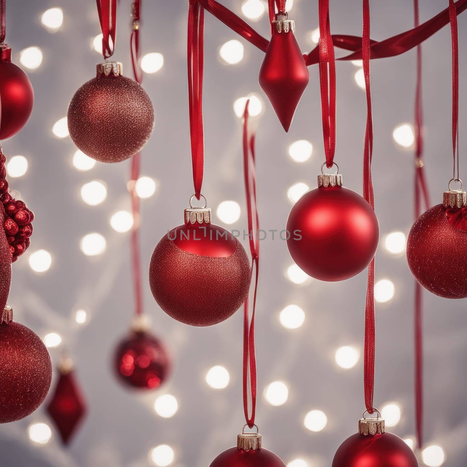 Close-UP of Christmas Tree, Red and Golden Ornaments against a Defocused Lights Background